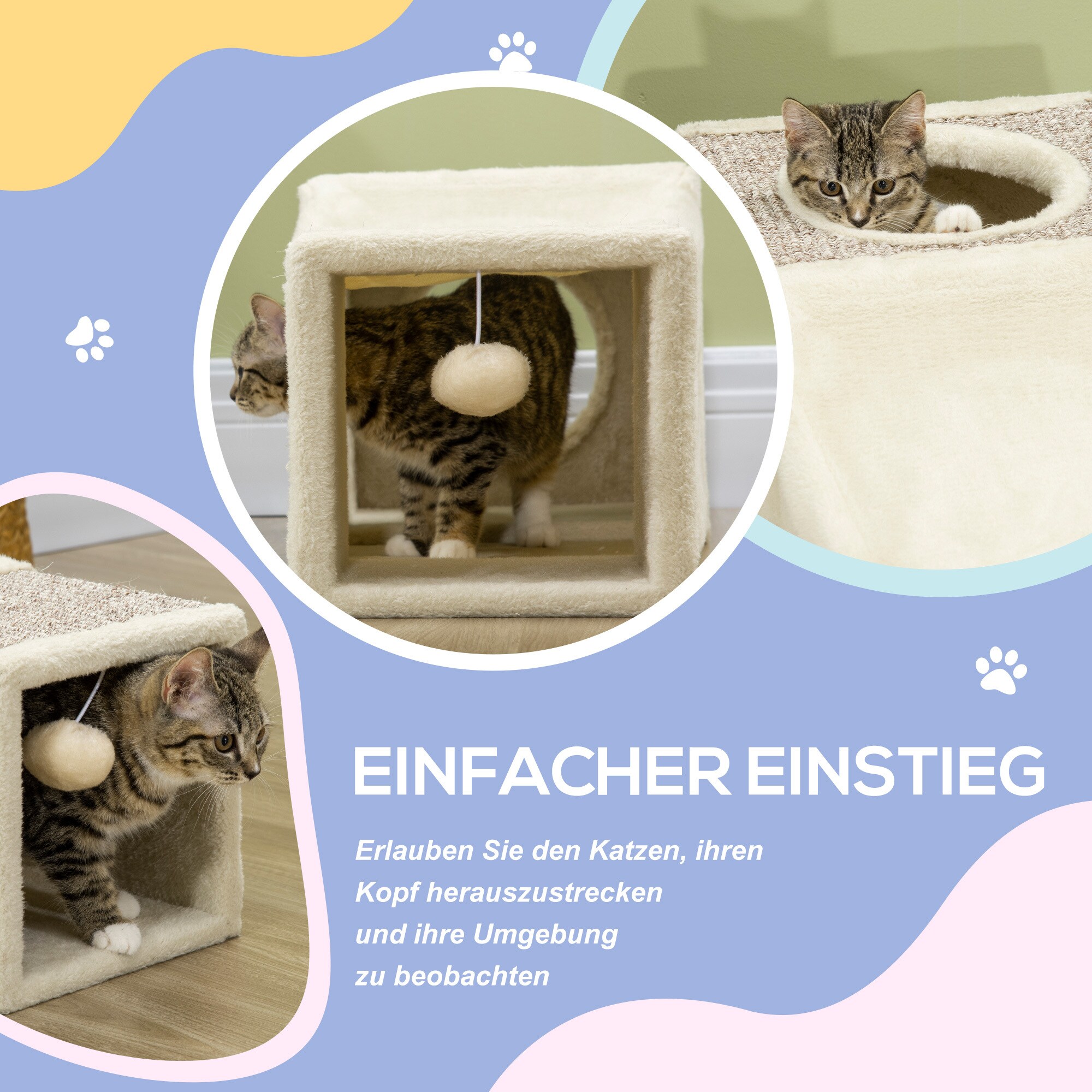 PawHut Katzentunnel mit Spielball grau, natur 98L x 30B x 30H cm