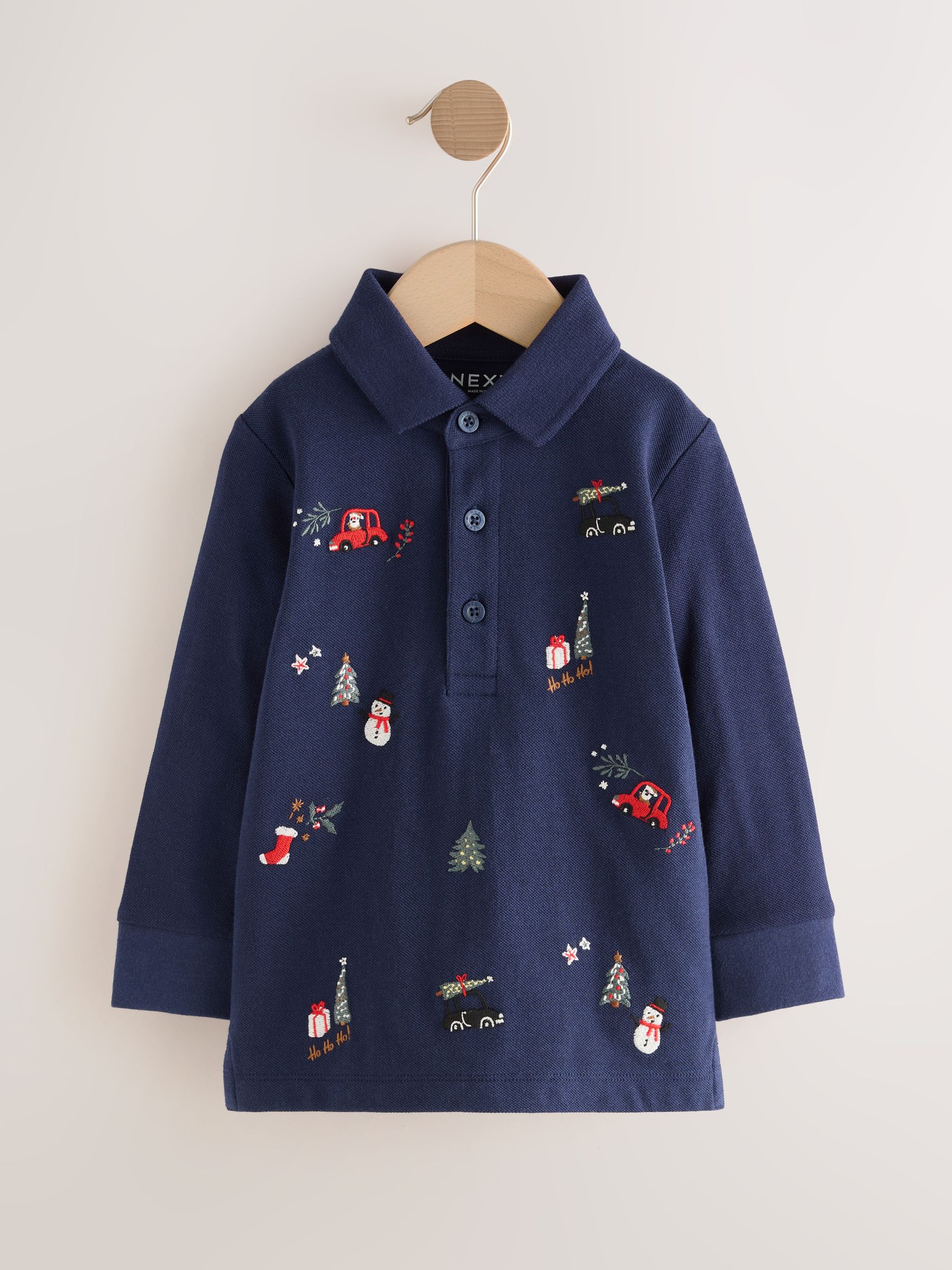 Marineblauw - Kerstmis All-Over Geborduurd Poloshirt met Lange Mouwen (3mnd-7jr)