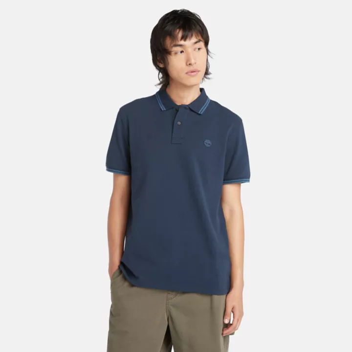 Polo à liseré en piqué pour homme en bleu foncé