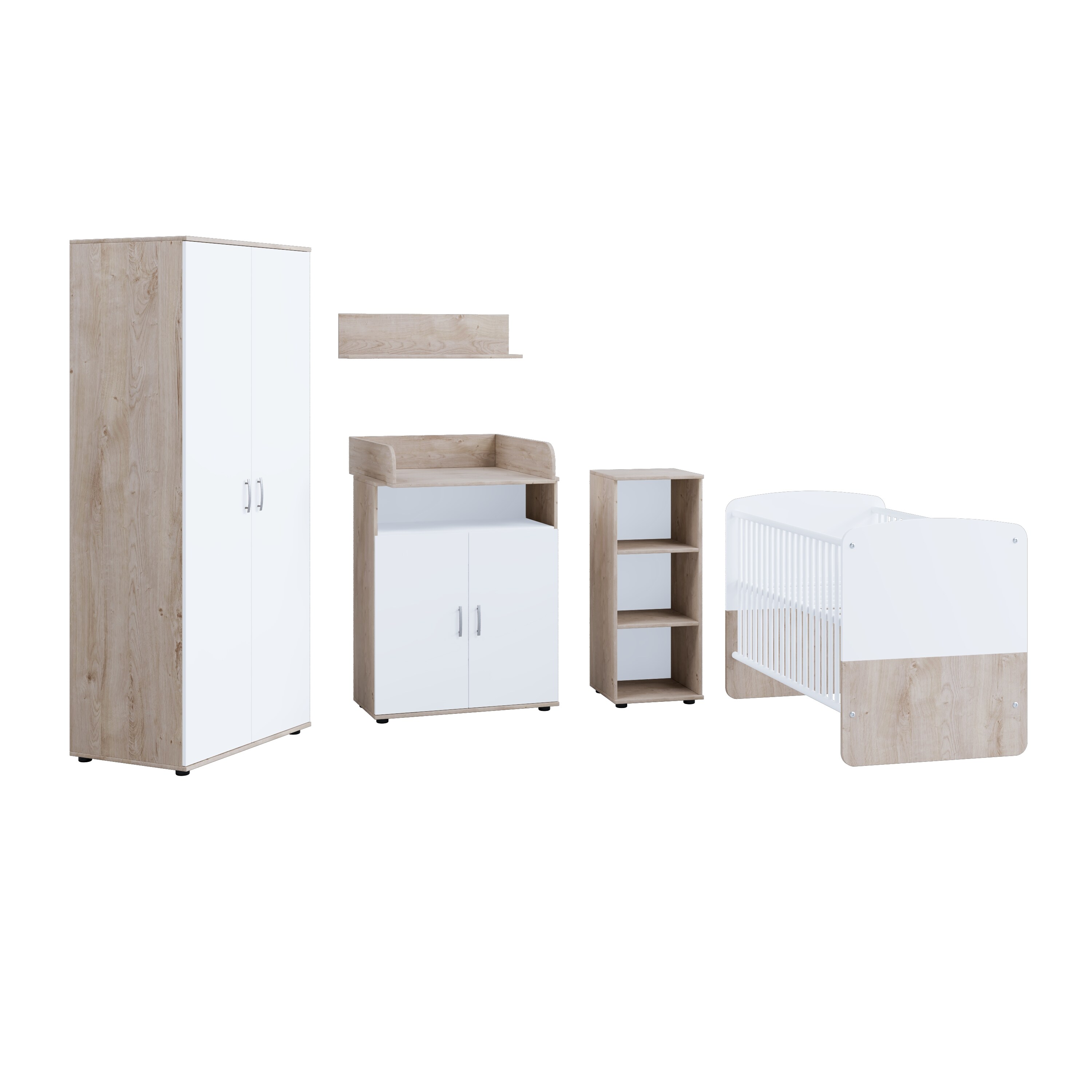 nonjoo. Babyzimmer Lani Set 4: best. aus Babybett, Kommode, Wickelaufsatz, Wandboard, Regal mit 3 Fächern und Kleiderschrank 2-trg.