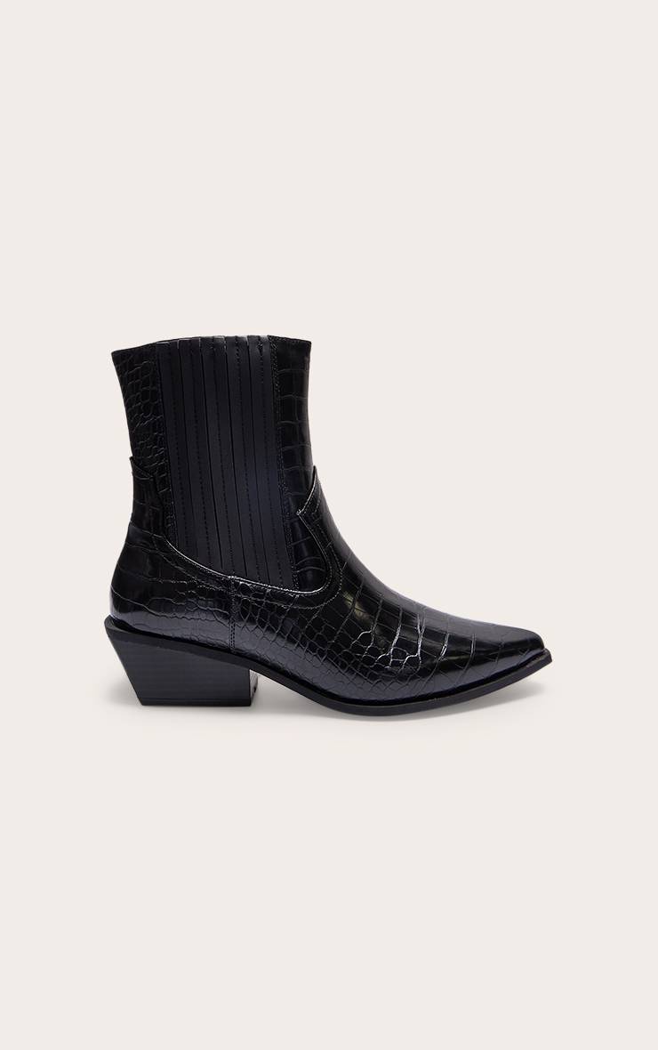 Noir Bottines Western À Bout Pointu Effet Croco Talon Bloc Bas
