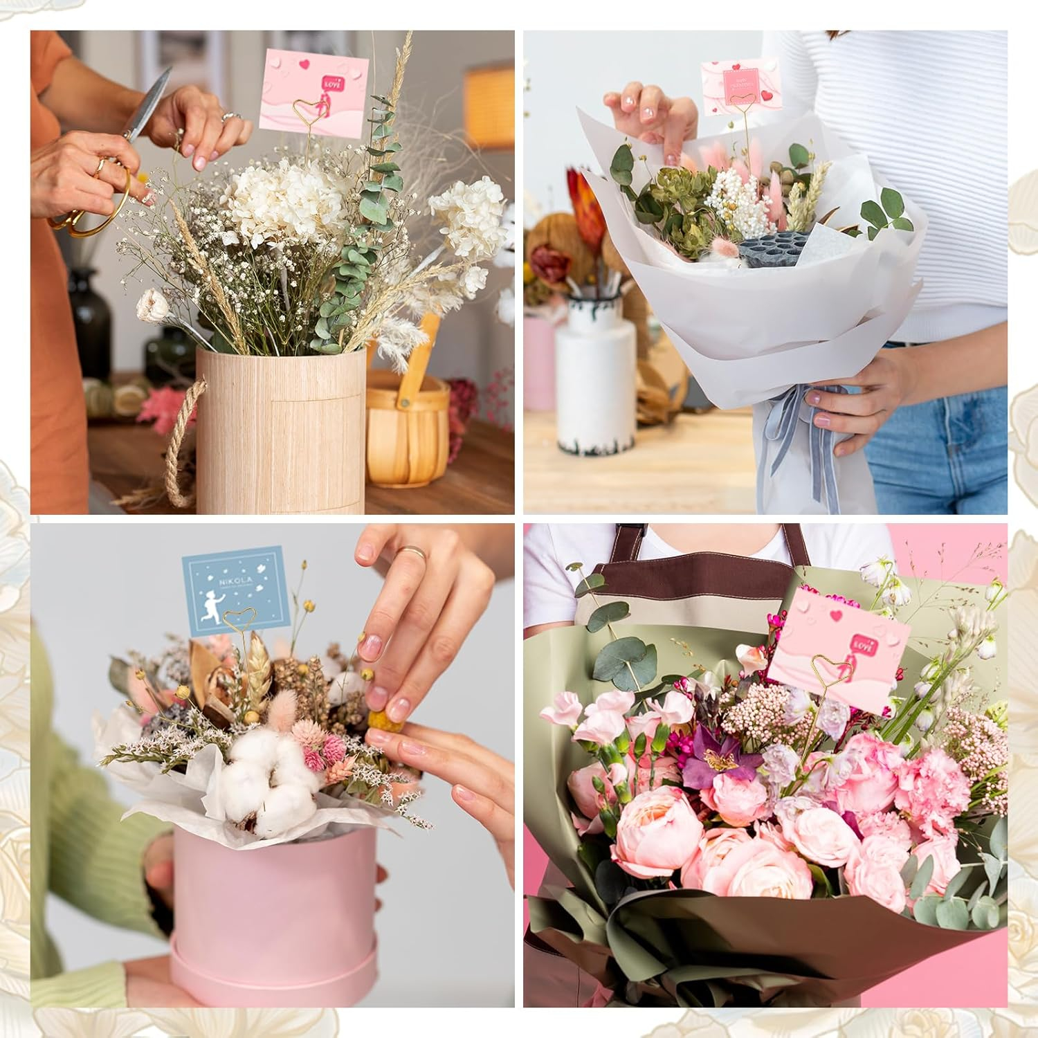 (30er Set) 34cm Metall Blumenstrauss Tischkarten Halter Deko Geschenk Clip Floristik Grusskarten Bouquet Stecker - Gold