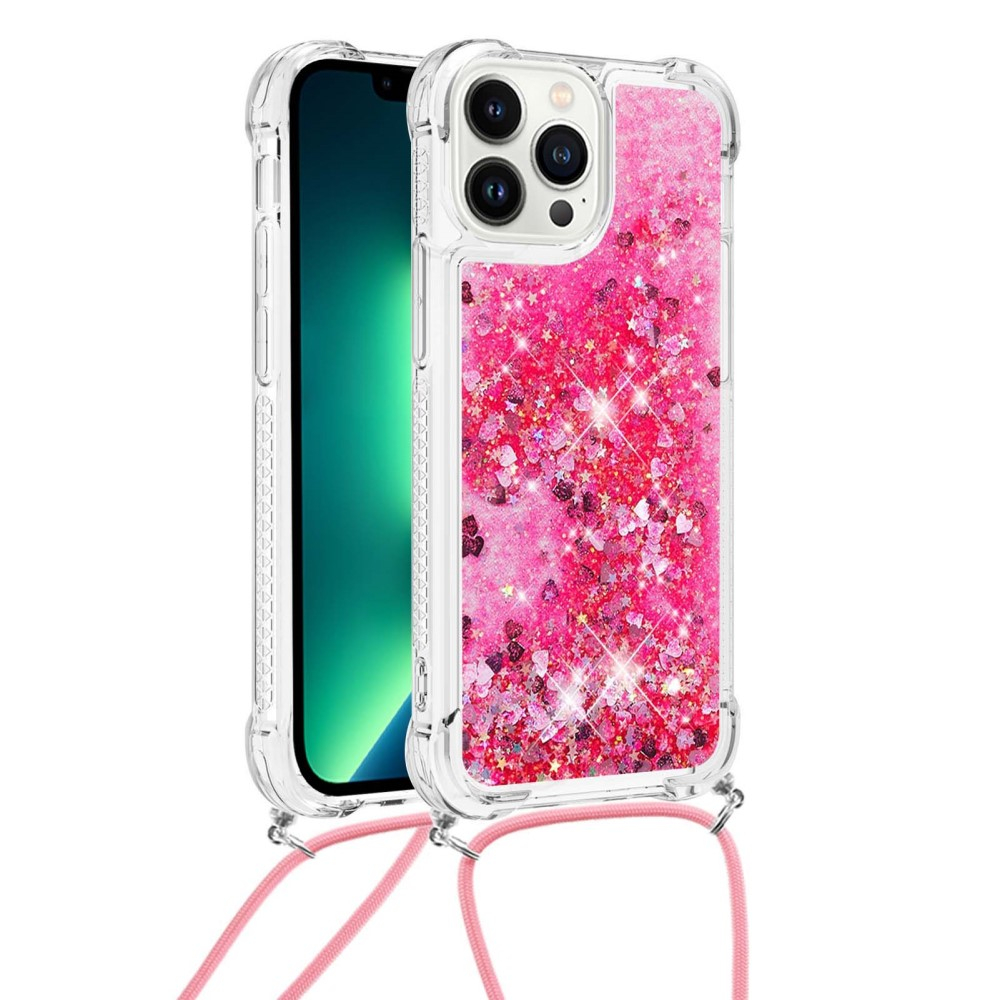 iPhone 15 Pro Max Necklace Gummi Hülle Liquid Glitzer   Handykette (130cm) - Pink