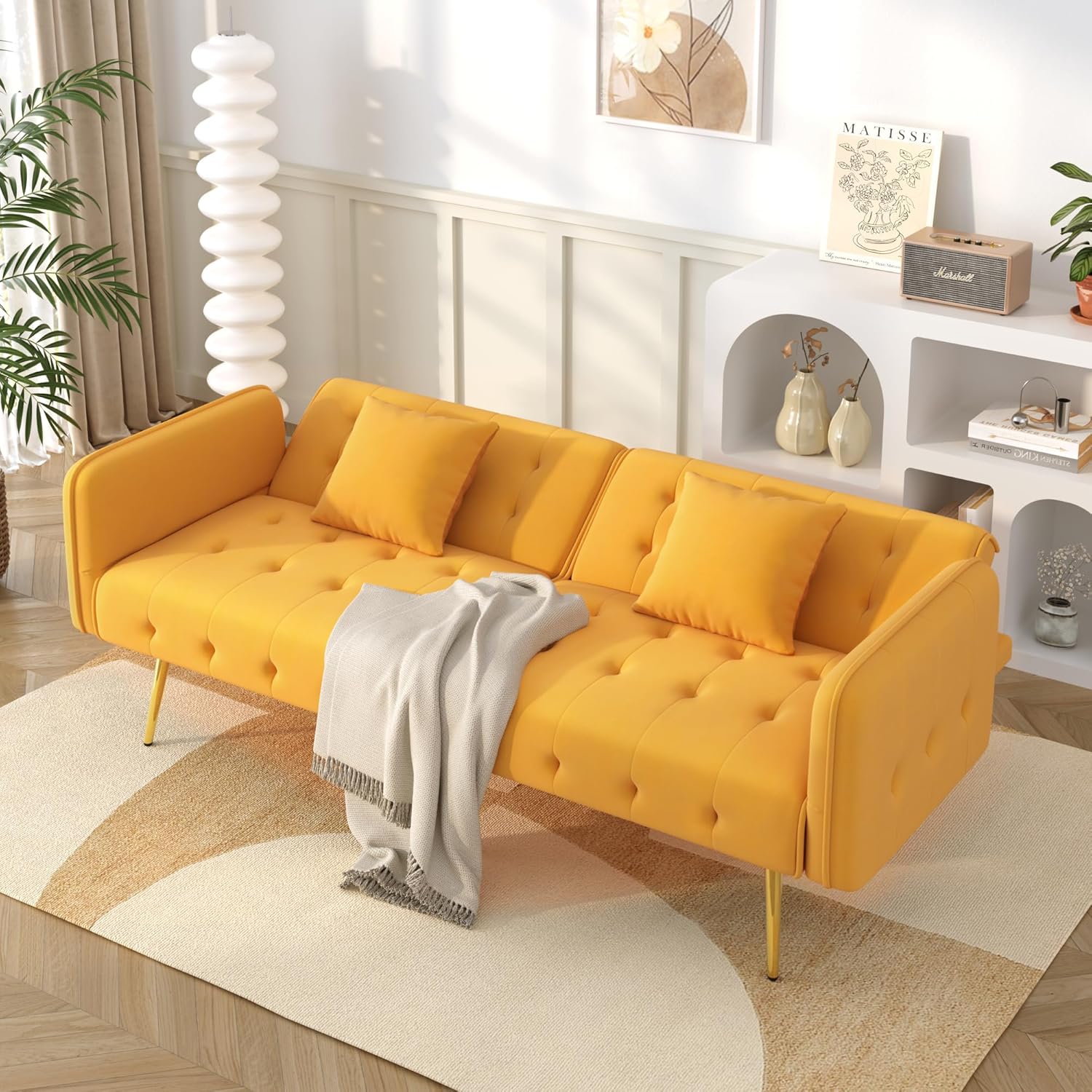 Zweisitzer-Multifunktions-Sofabett mit Bettfunktion, Verstellbarer Rückenlehne + mehrstelligen Armlehnen. Modernes Faltsofabett für Wohnzimmer - Veloursbezug. Großzügiger Schlafbereich