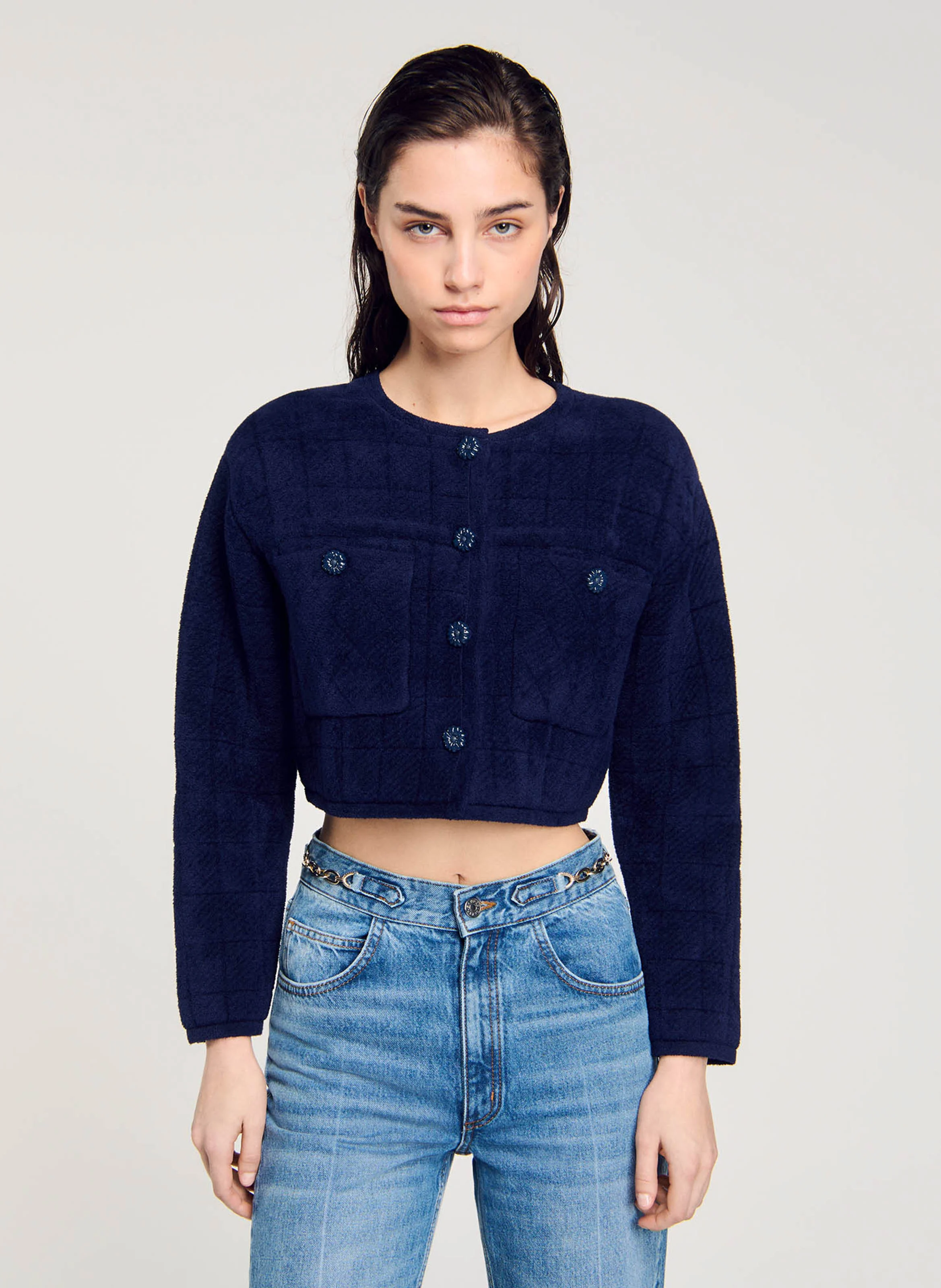 Veste col rond droite en maille | Bleu
