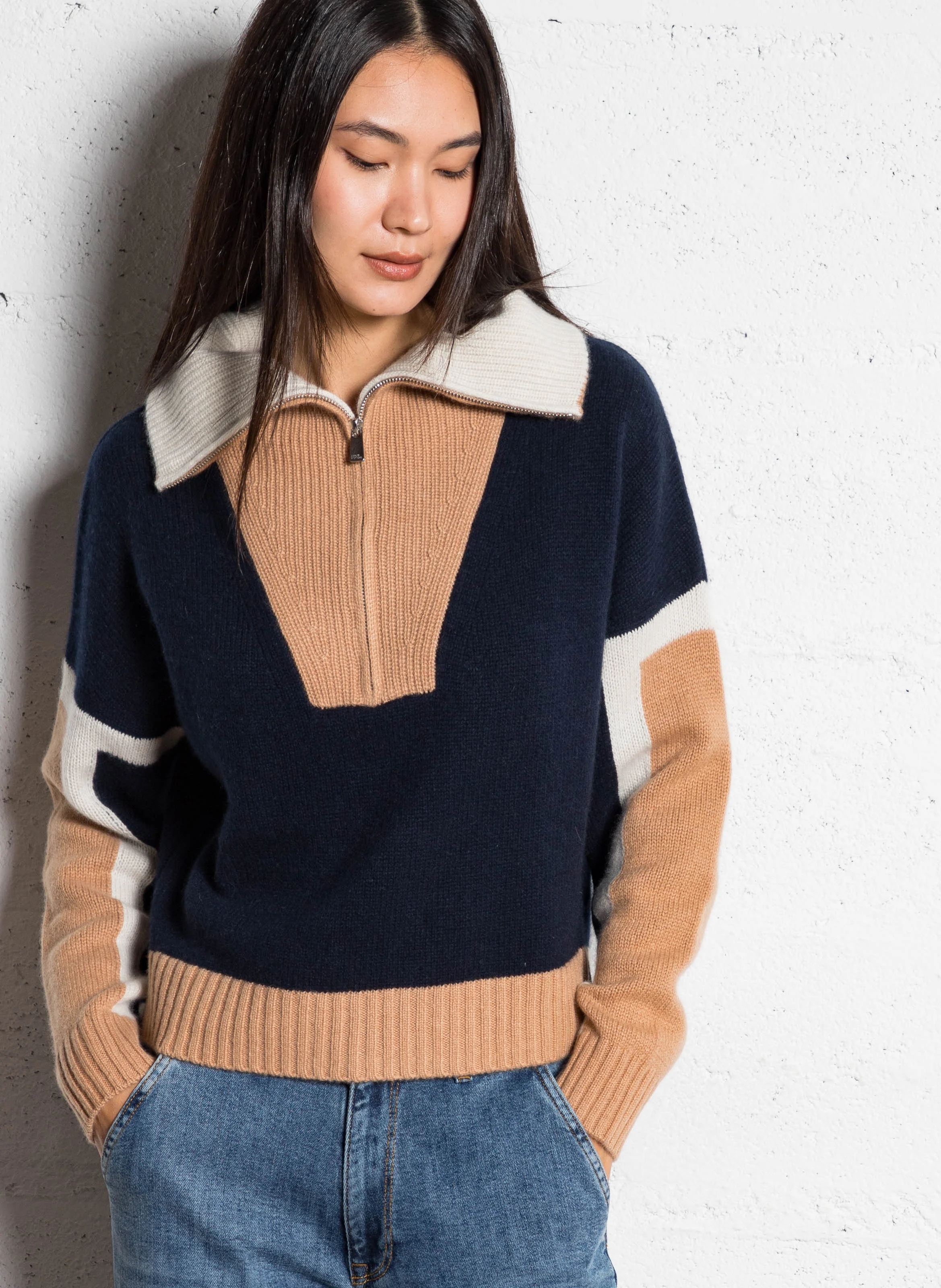 Pull tricolore en cachemire| Bleu