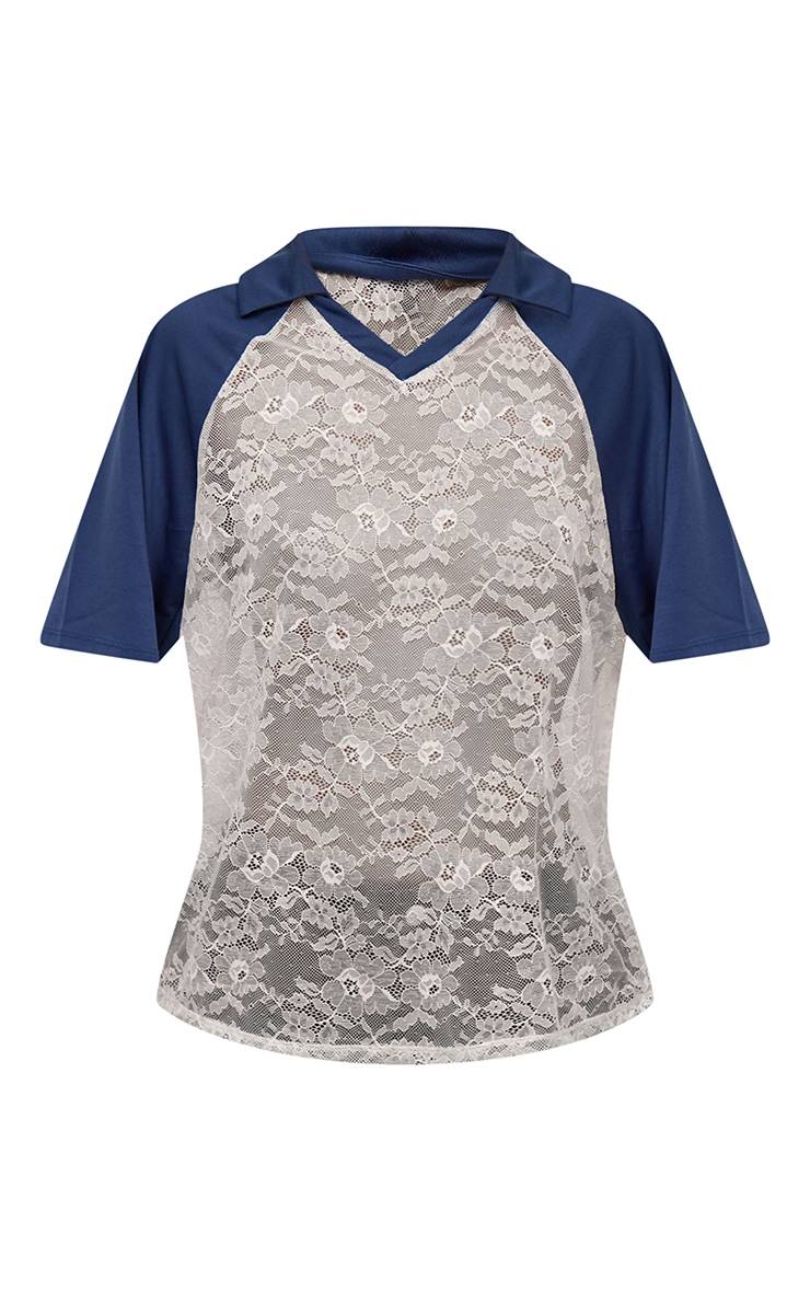Bleu Marine Haut De Rugby Oversize À Col Contrastant En Dentelle