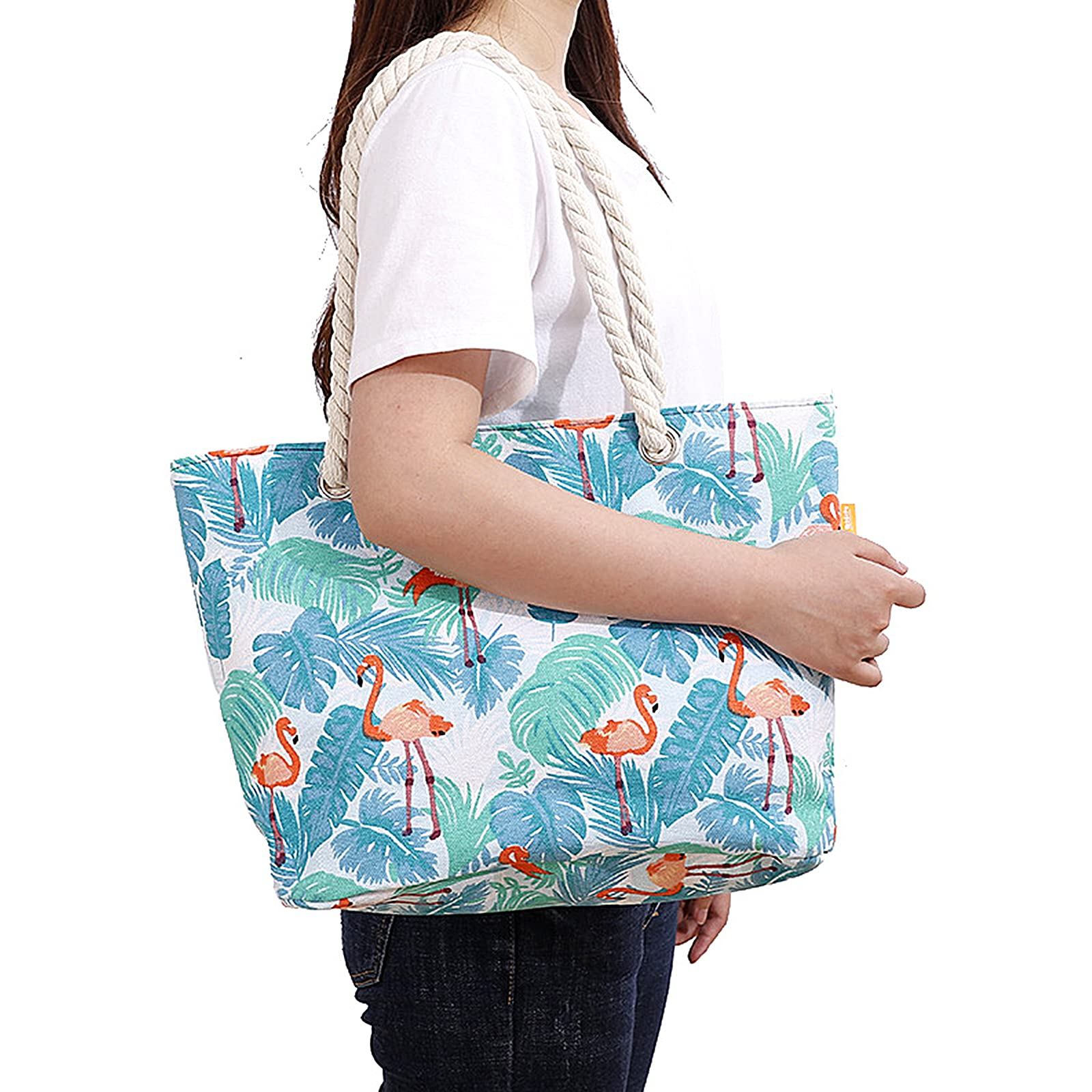 (45x33cm) Leinen Strandtasche Flamingo Stoff Tragetasche - Hellblau