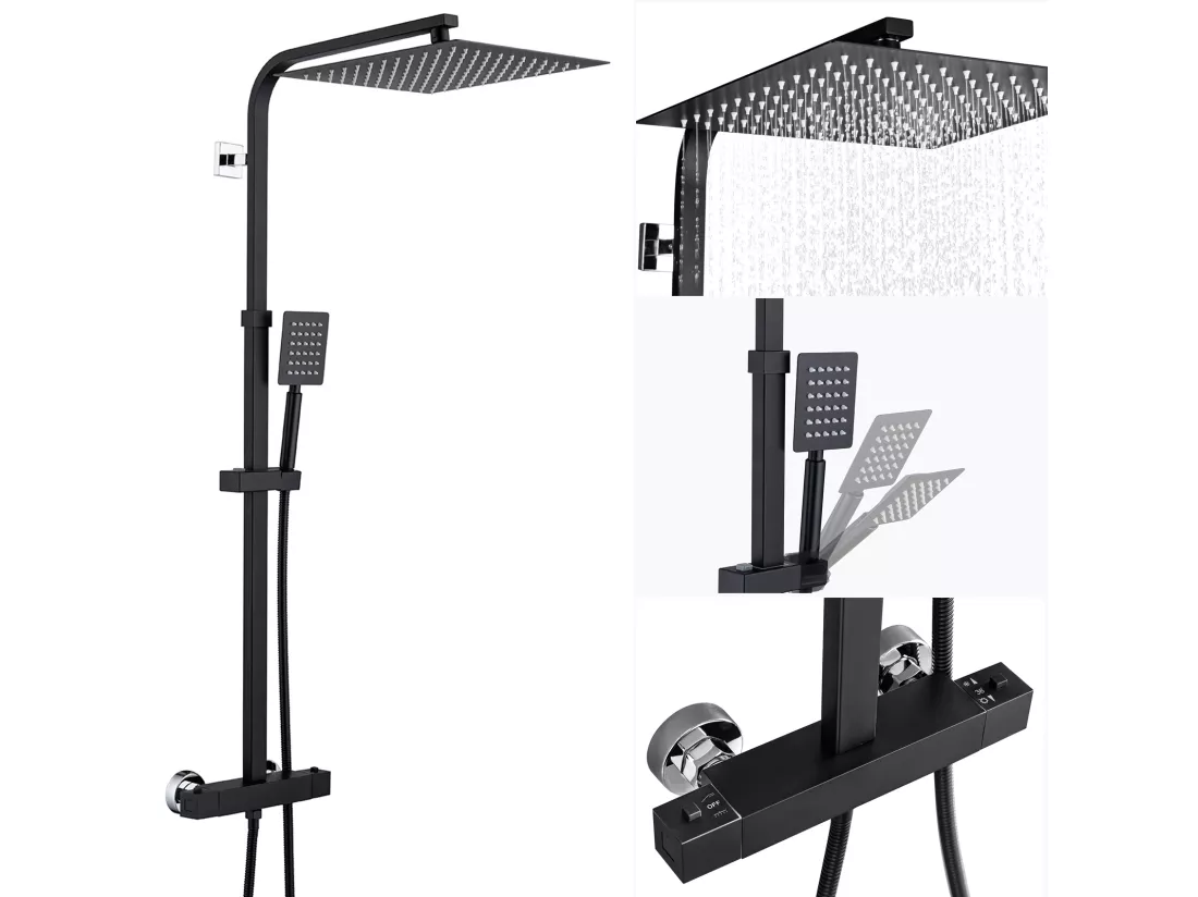 Colonne Douche Thermostatique Noir de 38°C avec Mitigeur,Réglable Hauteur 90-116cm+Ensemble Salle Bain Accessoire 6 Pièces,Auto-adhésif/percer,Inox