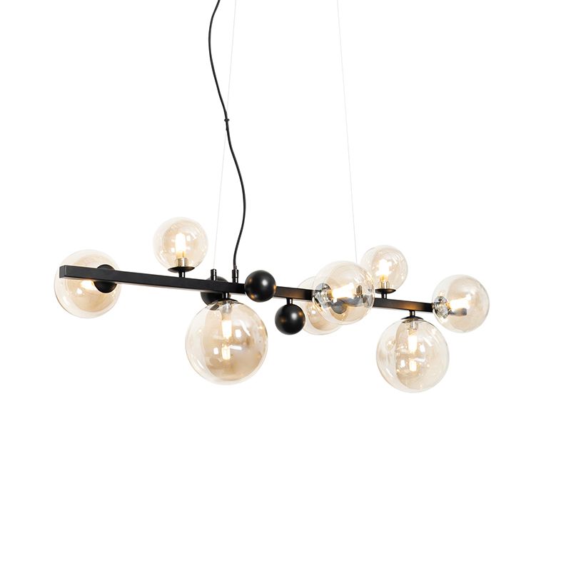 Art deco hanglamp zwart met amber glas 8-lichts - David