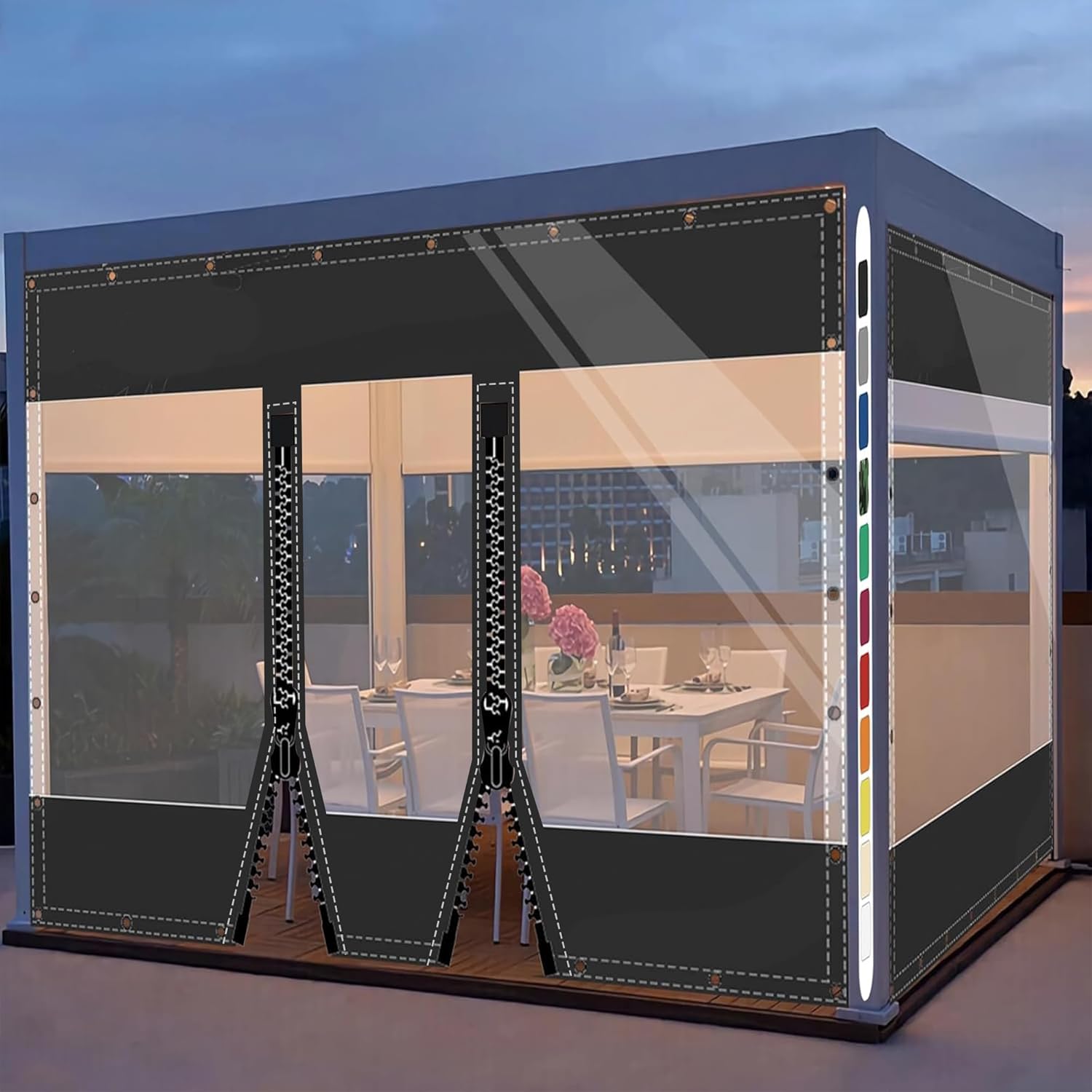 Transparent Pavillonplane Gartenplane mit Ösen PVC Winddicht Vorhang 0.5mm Wasserdichter Plane Trennvorhang für Draussen Terrassen Garten Balkon 2x2.6m(HxL) Schwarz mit 2 Reißverschlüsse