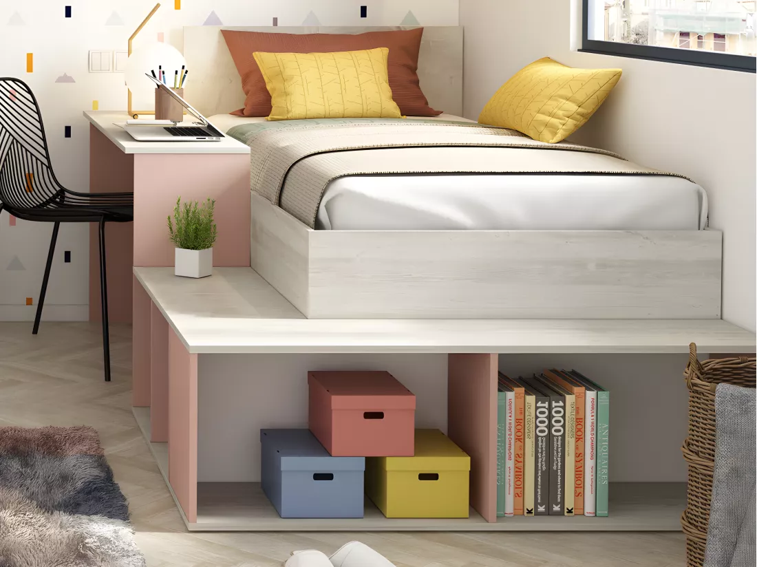 Lit combiné 90 x 200 cm avec rangements et bureau - Coloris : Naturel et rose + Sommier + Matelas - RIGALI