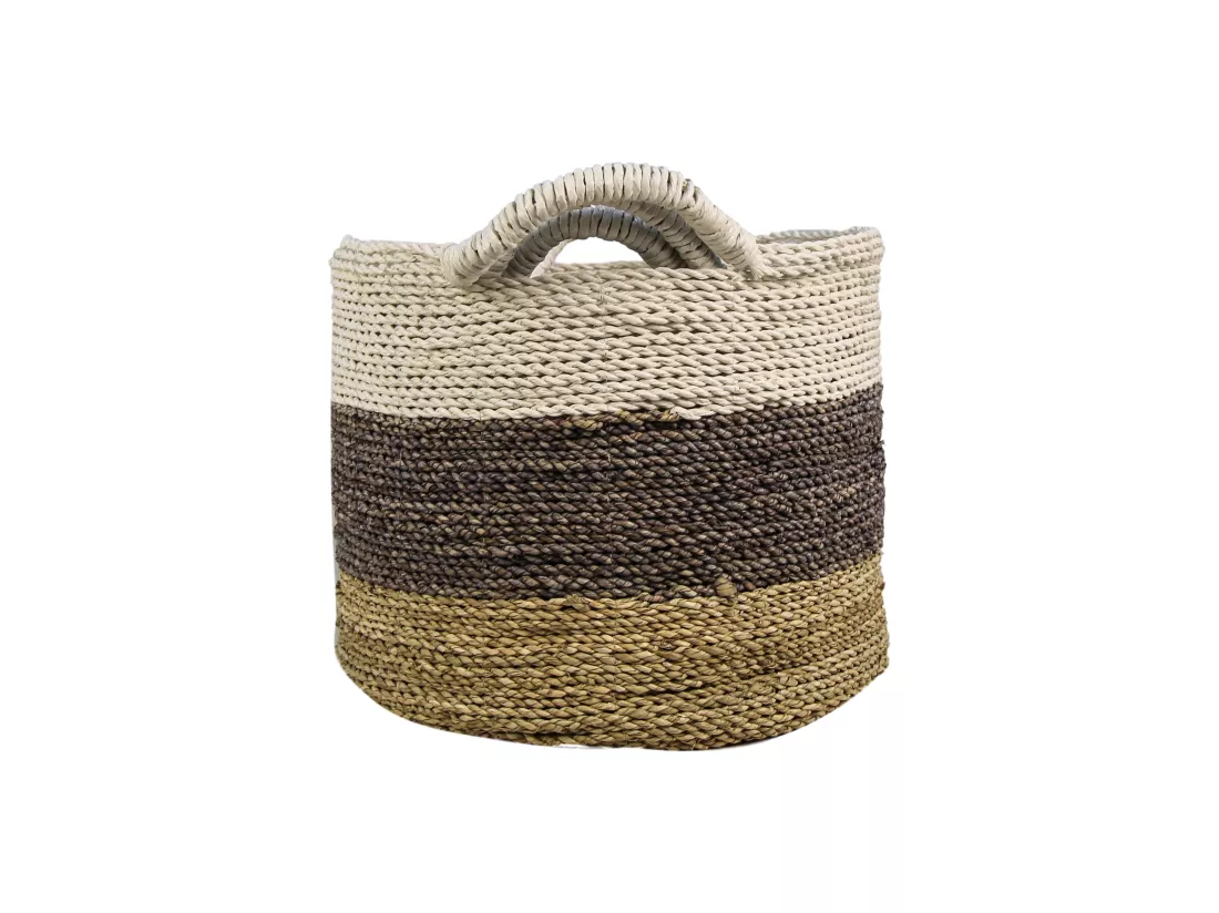Malibu - Set de 3 paniers de rangement - Jonc de mer - Naturel/pourpre/blanc - 36 x 30 x 36 cm