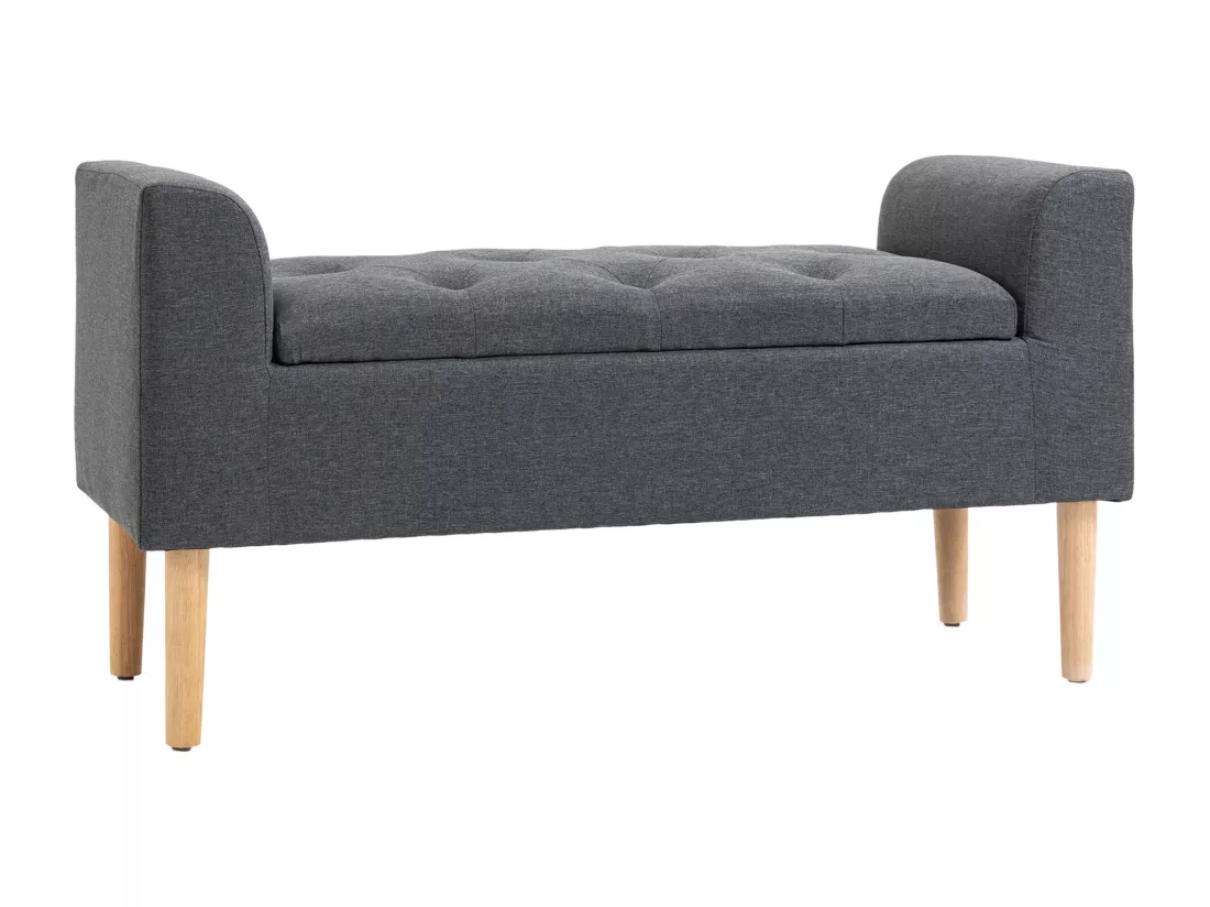 Banquette coffre de rangement 2 en 1 design Chesterfield assise capitonnée accoudoirs courbés pieds effilés bois d'hévéa aspect lin gris
