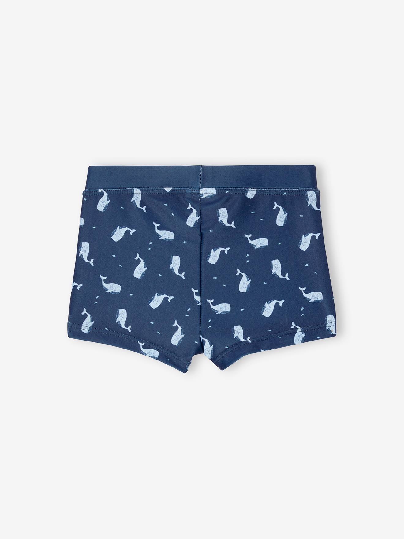 Calção de banho boxer azul marinho com estampa de baleia para bebê menino