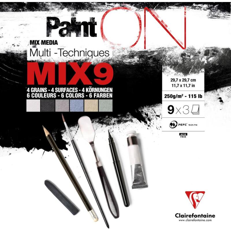 PaintON Mix 9 bloc collé 27F 29,7x29,7cm 250g assorti 9x3F