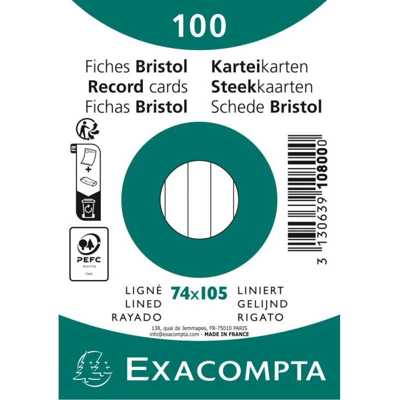 Paquet 100 fiches sous film - bristol ligné non perforé 74x105mm - Blanc