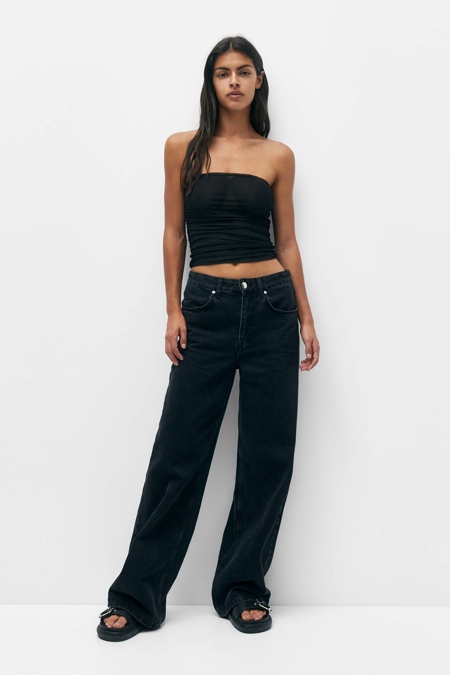 Top bandeau de tule com babados - Preto