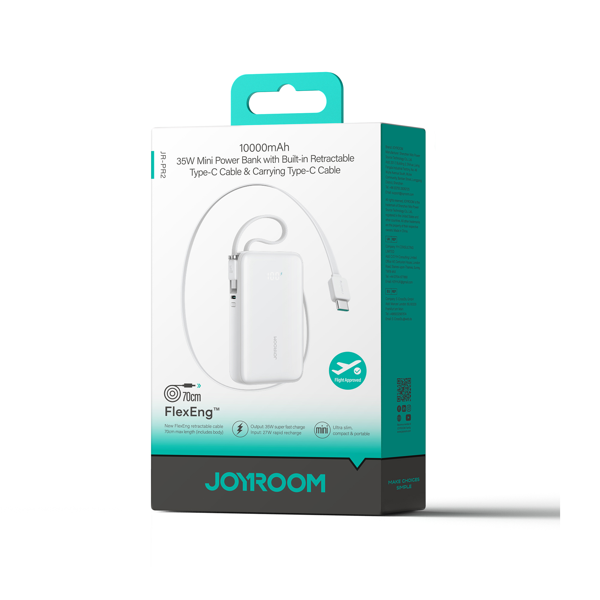 (35W) 10000mAh USB Powerbank Power Delivery Ladegerät inkl. Dual USB C Ladekabel mit LED Anzeige (JR-PR2 - White) - Weiss