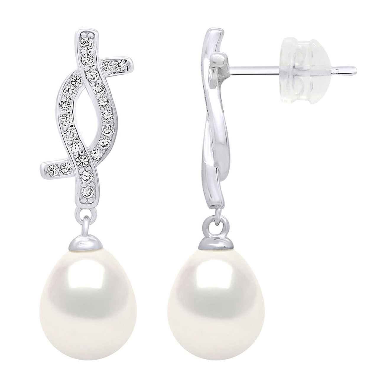 Mitzuko Boucles d'Oreilles Pendantes Argent rhodié, Zircone & Perles d'Eau Douce poires blanc naturel