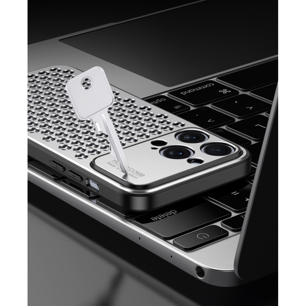 iPhone 15 Hybrid Hardcase Hülle im Mac Pro Design mit Kameraschutz - Grau
