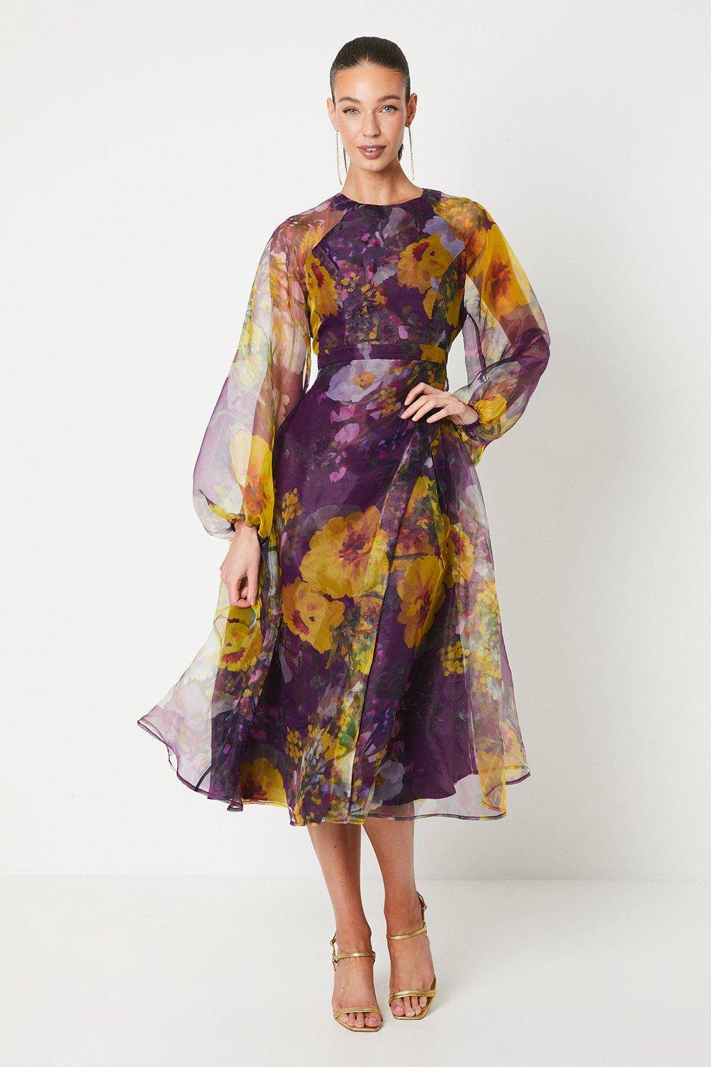 Coast Robe Midi en Organza à Taille Nouée et Manches Bouffantes