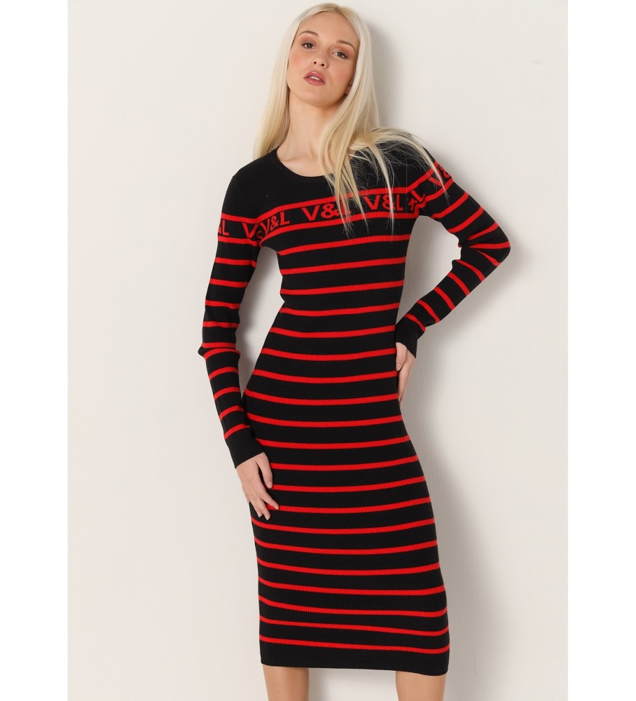 Victorio & Lucchino, vestido midi de malha listrada preta V&L
