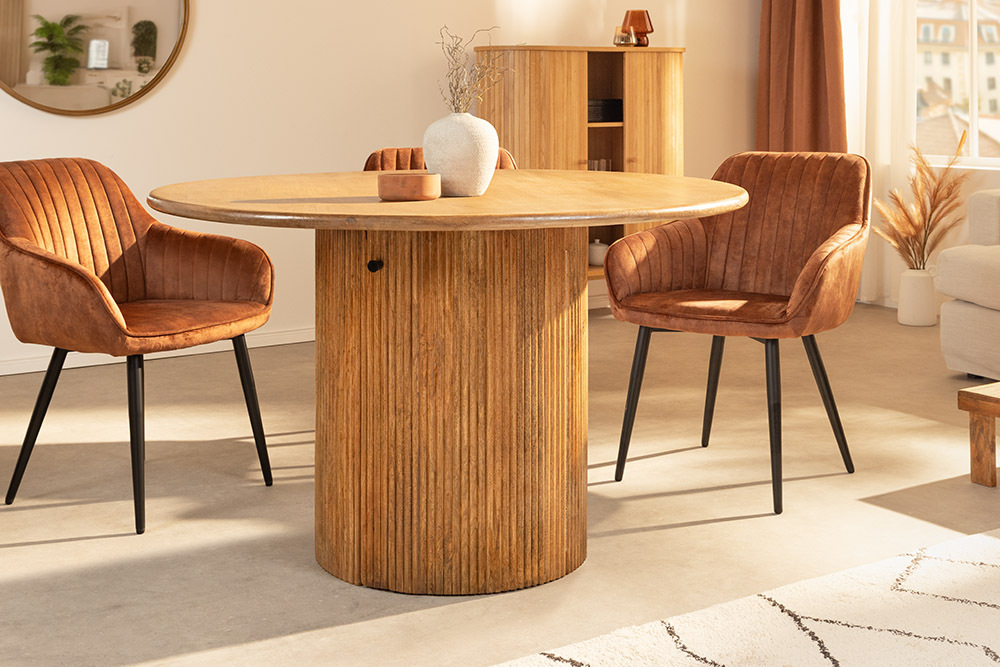 Runder Esstisch TRES CHIC 120cm braun Mangoholz Massivholz mit Stauraum