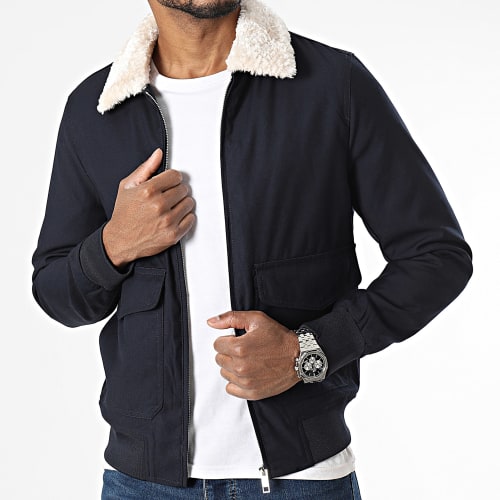 Veste Zippée Col Fourrure Bleu Marine