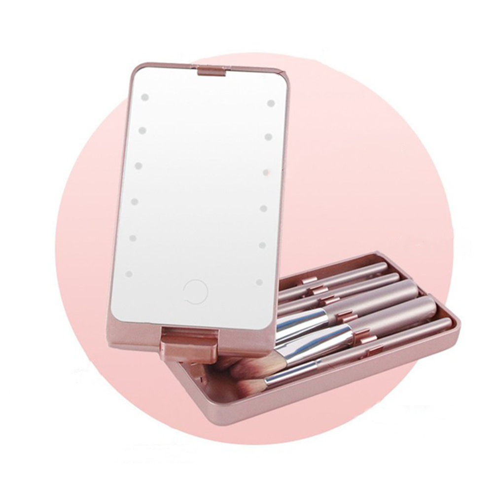 (6-tlg. Set) Reise Make Up Pinsel USB LED Taschen Schminkspiegel mit Touch Sensor - Rosa
