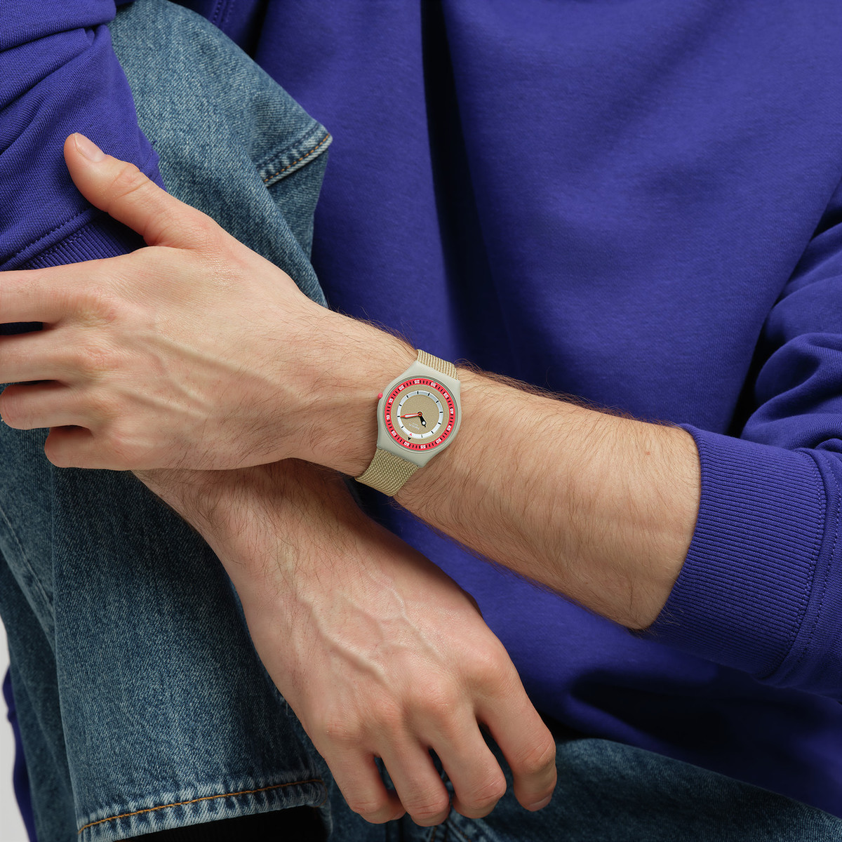 Montre SWATCH Skin classic bioceramic Coral dunes homme bracelet textile beige