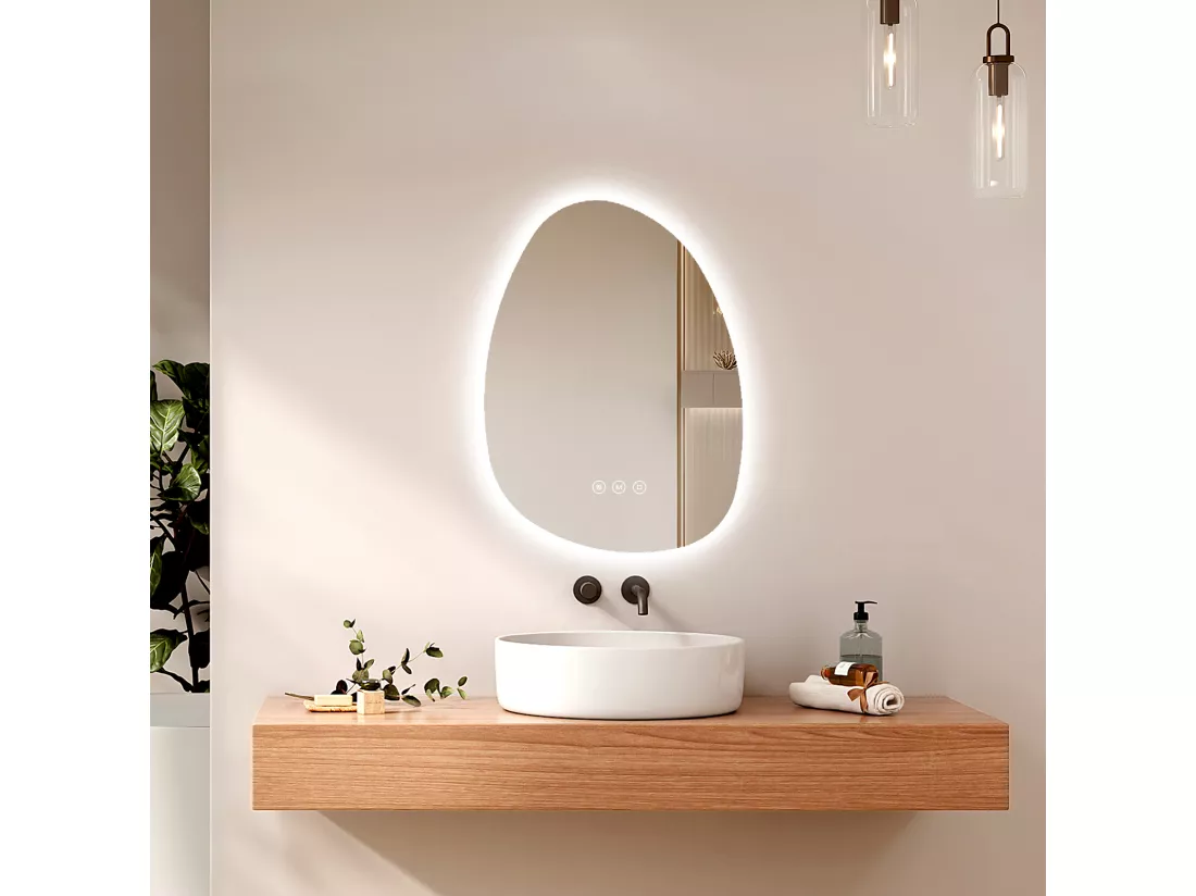 EMKE Miroir salle de bain avec éclairage, Miroir asymétrique LED, anti-buée, interrupteur tactile, 3 couleurs de lumière réglable, 65 x 45 cm