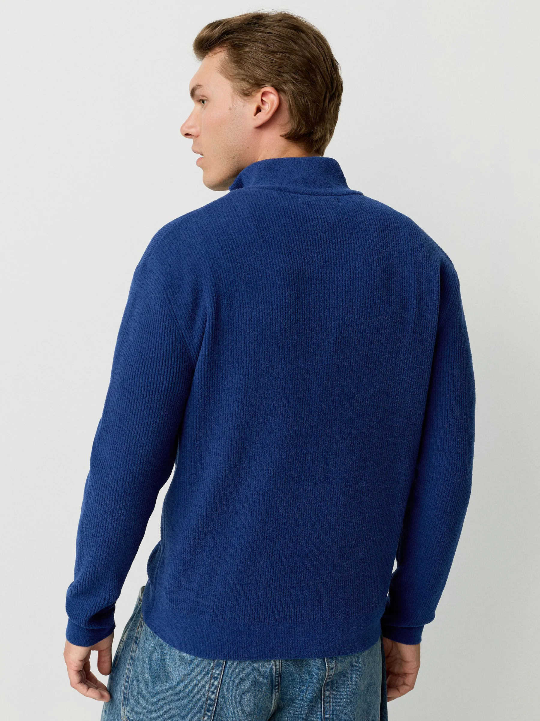 Donkerblauw - Regular fit geribde chenille trui met korte rits