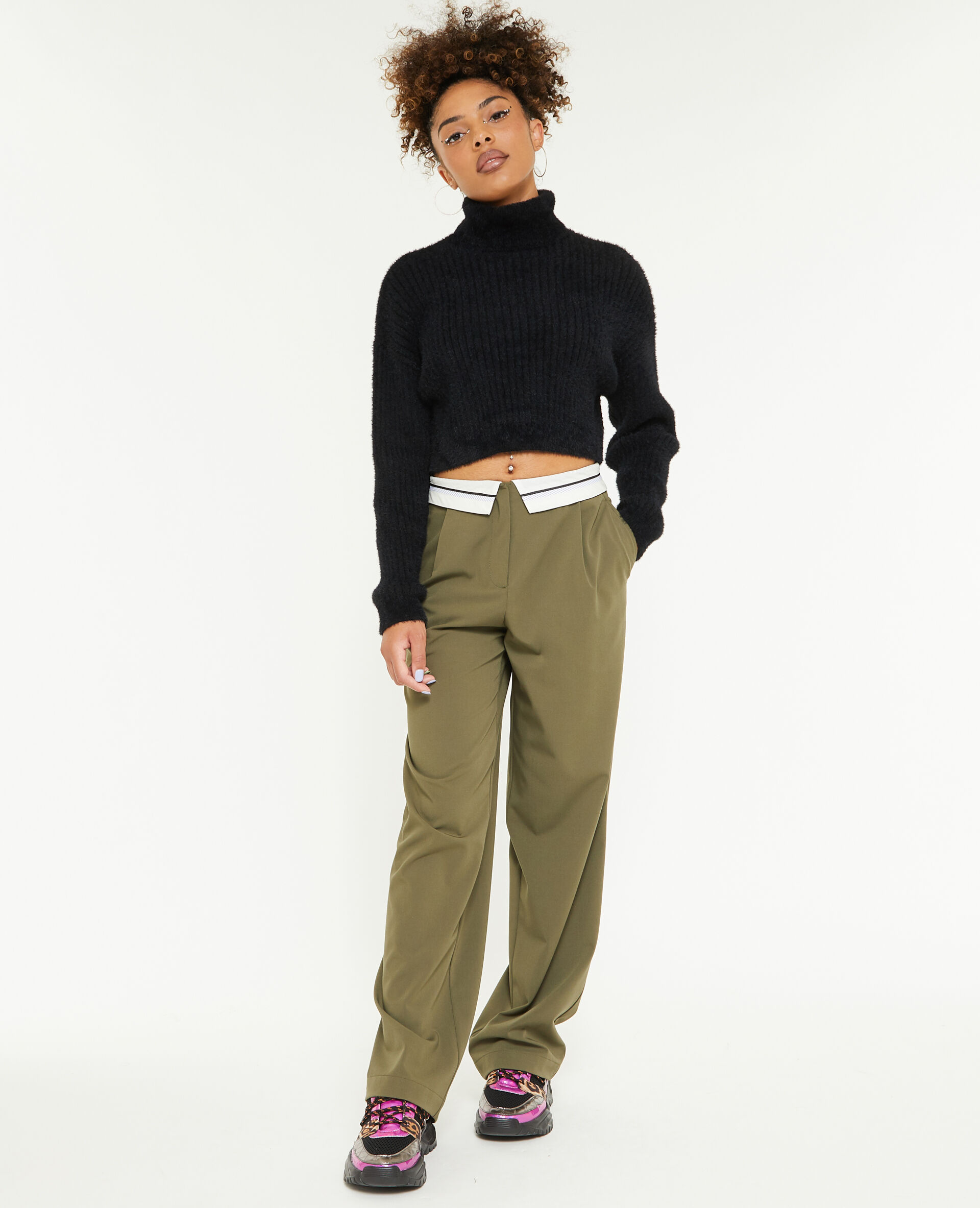 Pantalon droit avec ceinture fantaisie - Vert kaki