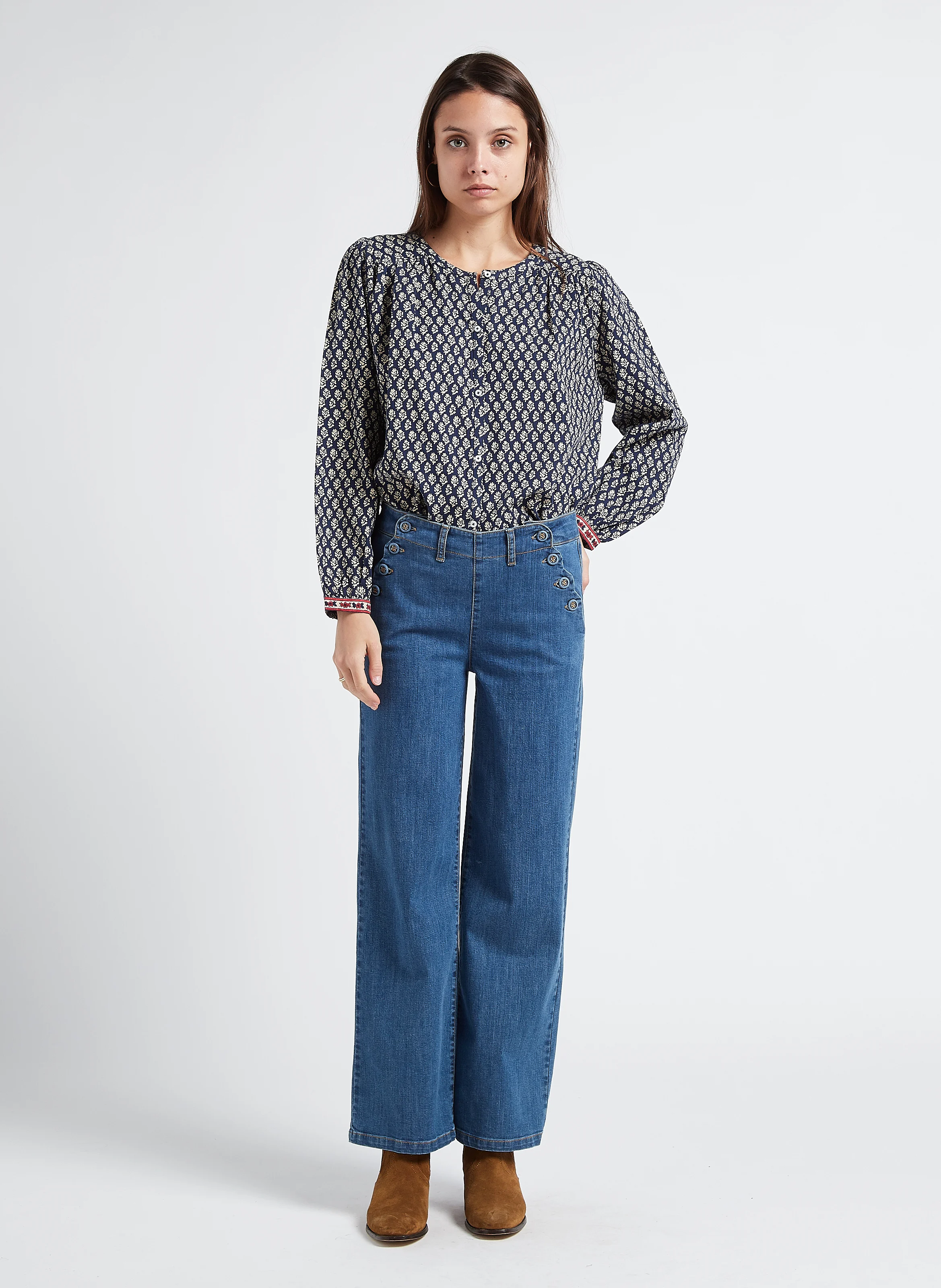 Pantalon droit aspect jean en coton biologique mélangé| Jean Stone