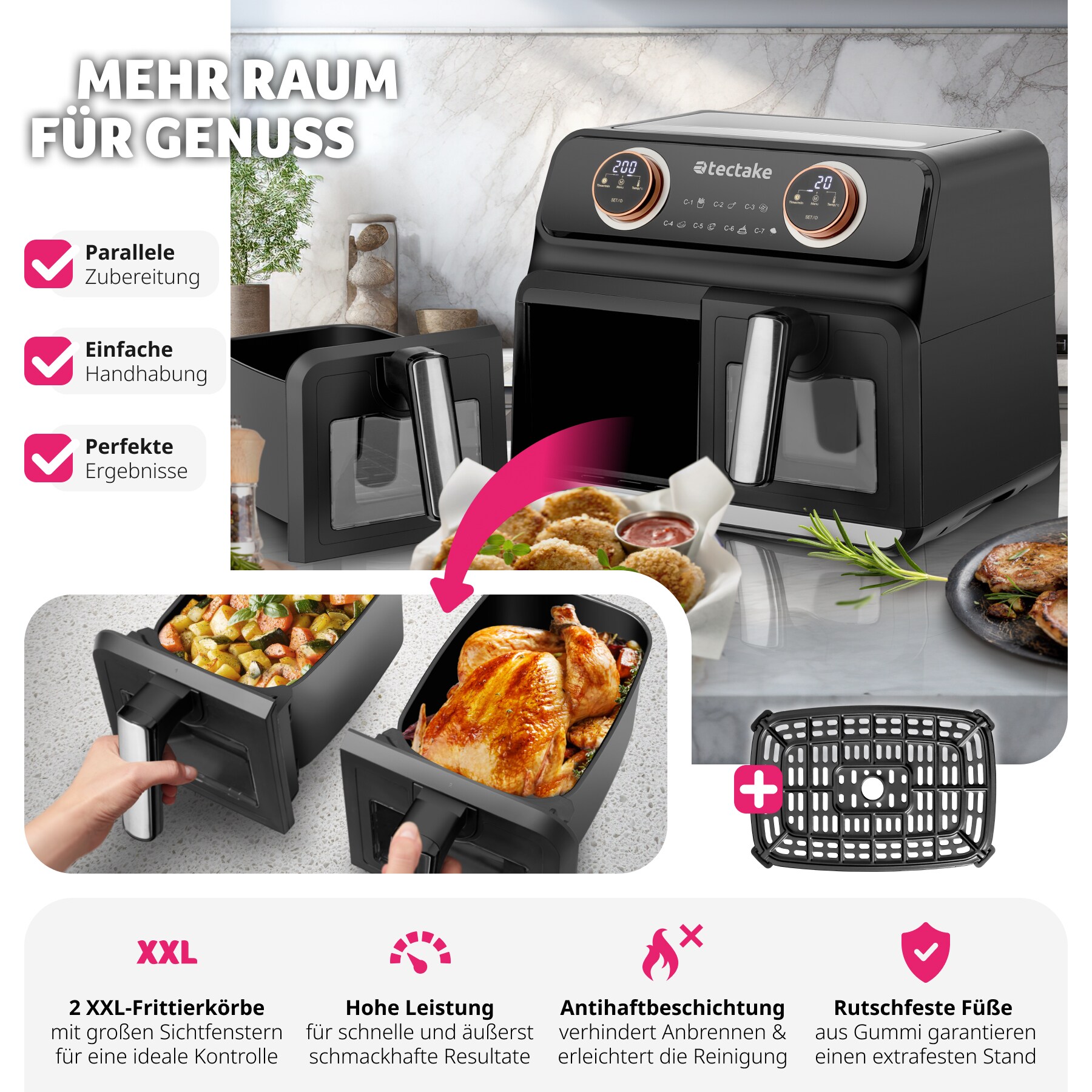 tectake® Heißluftfritteuse , 2 Garräume, je 4 l, 2400 W, individuelle Zeit- und Temperaturregelung je Kammer, 37,5 x 39 x 31,5 cm GS-Zertifikat, inklusive Rezeptheft