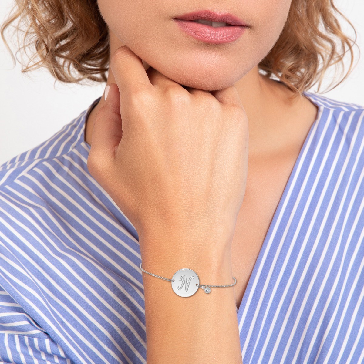 Bracelet lettre N en acier inoxydable SC Crystal orné d'un véritable diamant blanc