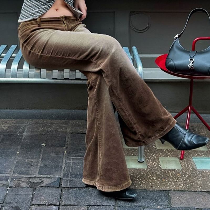 Honet - Low Rise Washed Straight-Ft Wide-Leg Corduroy Broek