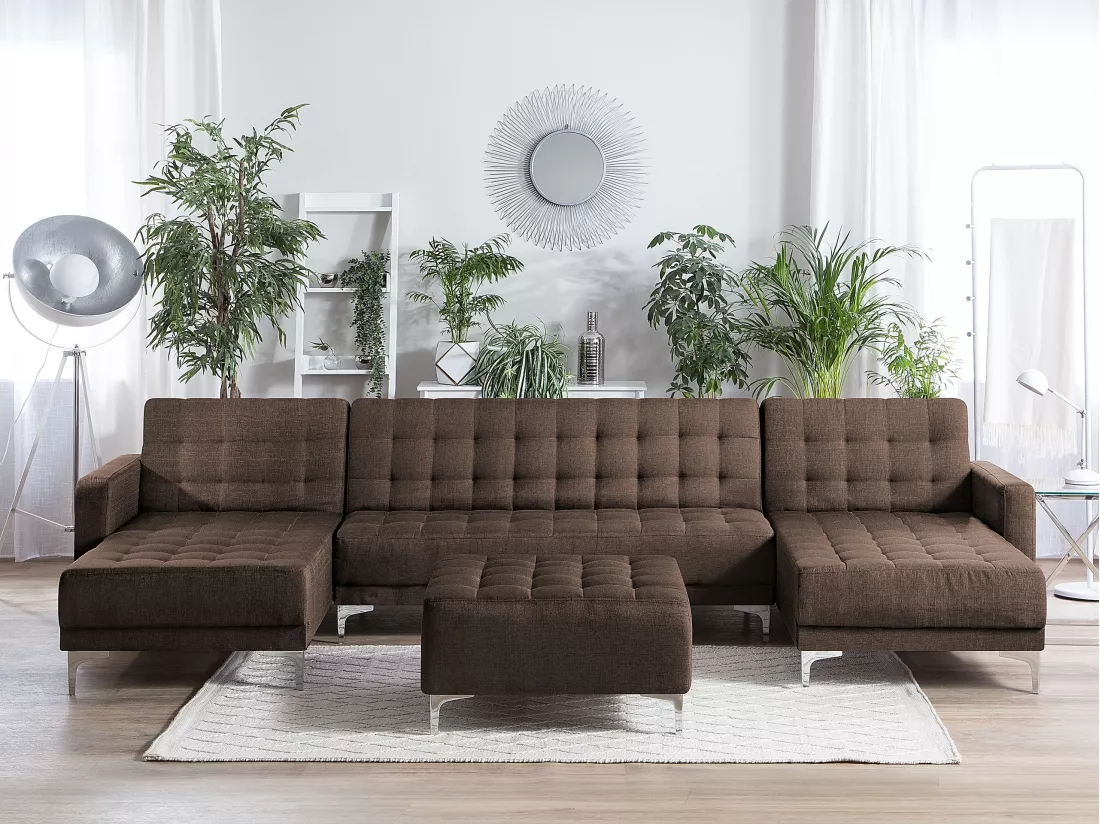 Canapé panoramique convertible en tissu marron foncé 5 places avec pouf ABERDEEN