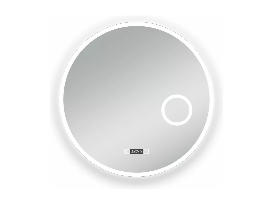 AICA Miroir rond de salle de bain 70cm LED tricolore horloge + loupe + anti-buée + mémoire