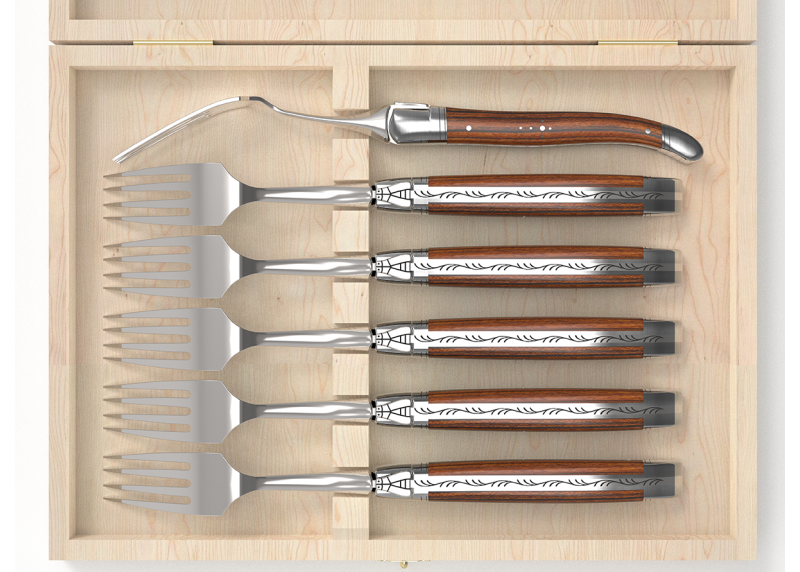 Service de 6 fourchettes Laguiole avec un manche en bois de bocote et mitres en acier inoxydable