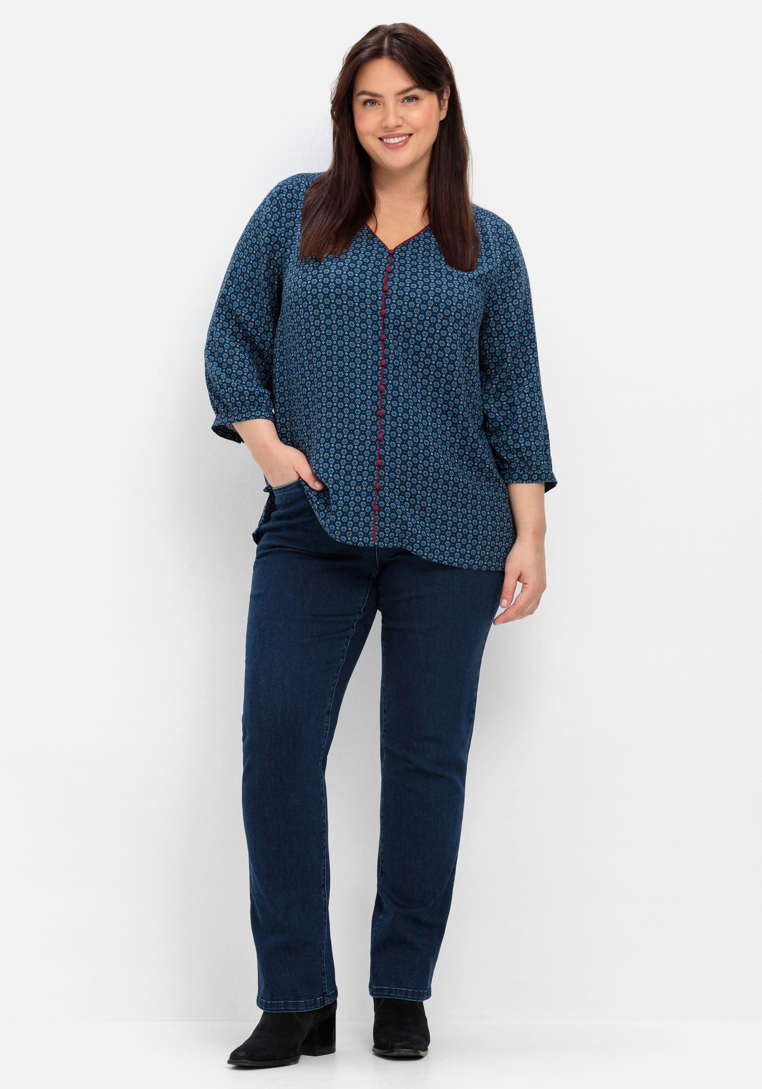 Bedruckte Bluse mit Smok- und Kontrastdetails