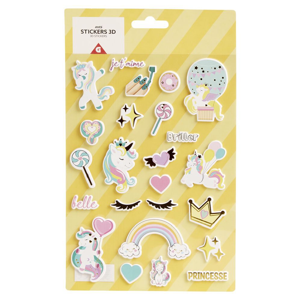 Sticker 3D enfant 1 feuille licorne ou ouistiti