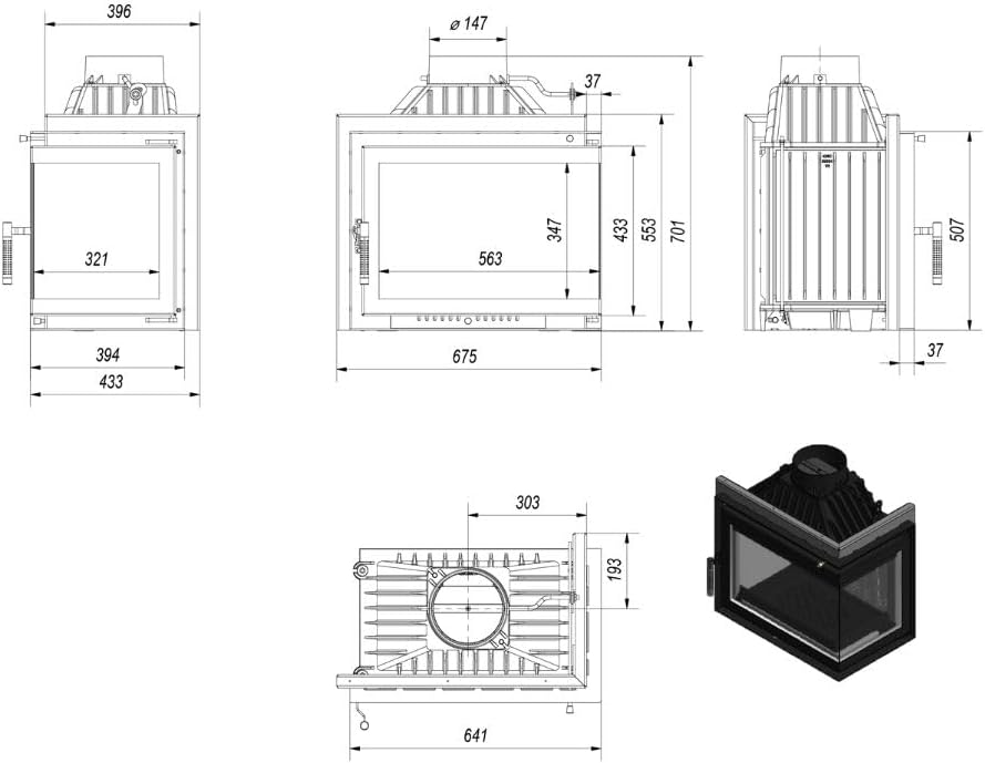 KRATKI Kamineinsatz Gusseisen Simple rechts 8 kW Ø 150