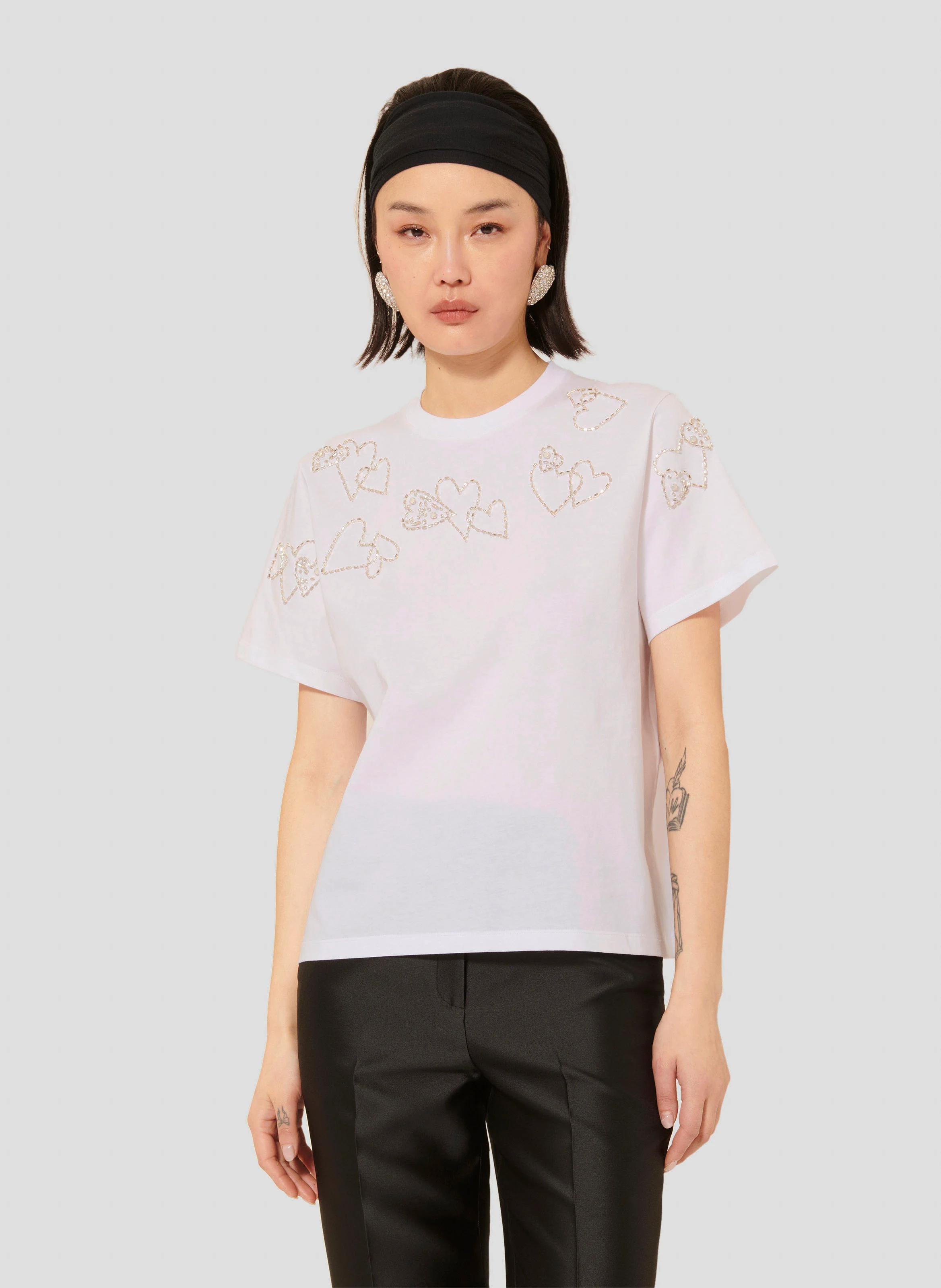 TARAMOUR - Tee-shirt col rond droit en coton brodé | Blanc