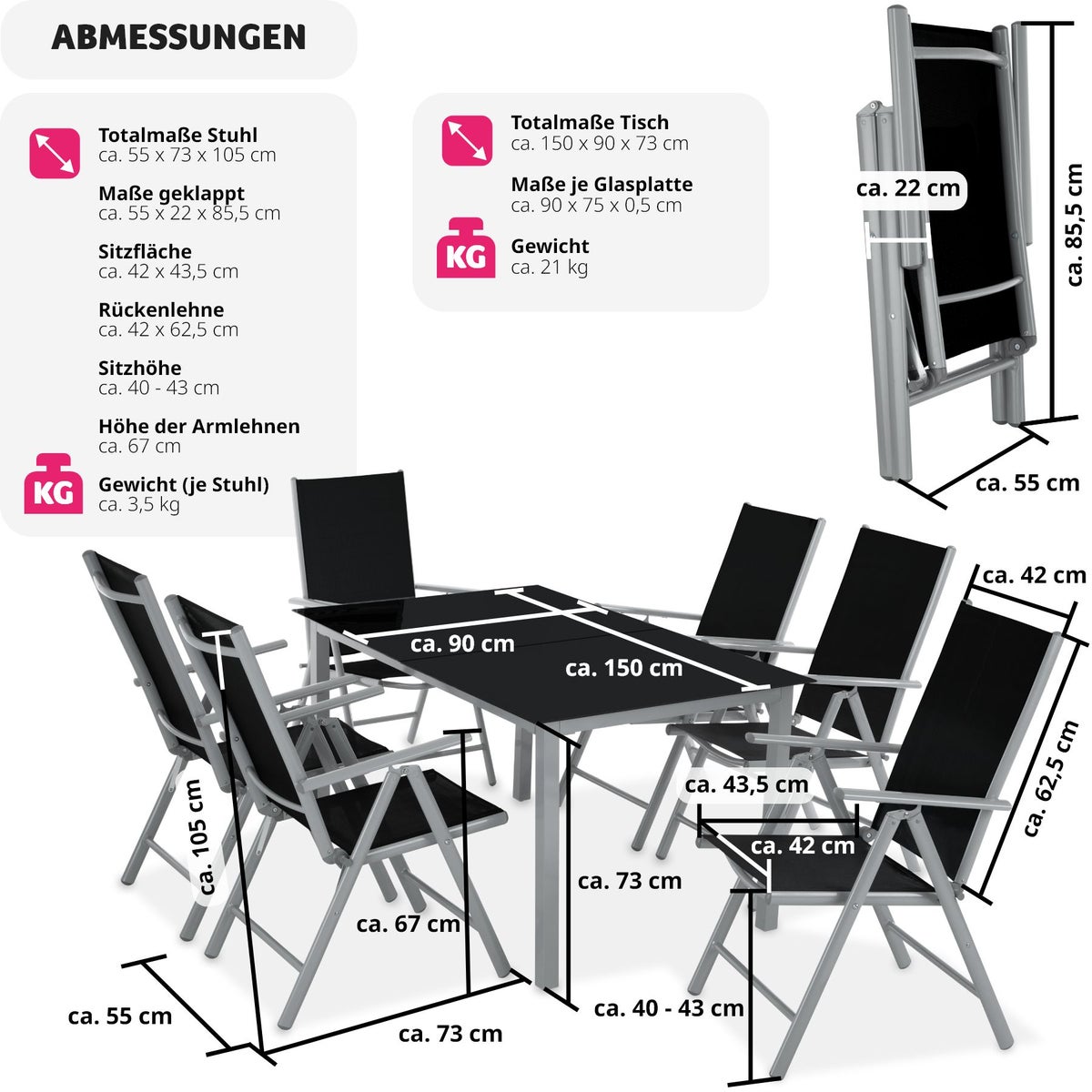 tectake Ercolano zitgroep met aluminium frame, voor 6 personen, tafel met veiligheidsglasplaat en stelschroeven