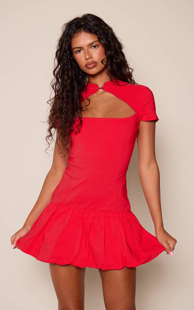 Rouge Robe Mini Ballon À Encolure Goutte D'eau En Tissu Stretch Tissé