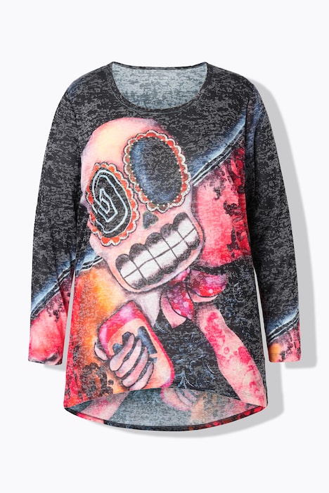 T-Shirt, A-Linie, Totenkopf-Print, Langarm
