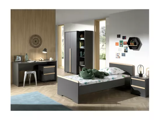 NASH DARK - Lit 90x200cm + Chevet + Armoire 2P + Pack Bureau