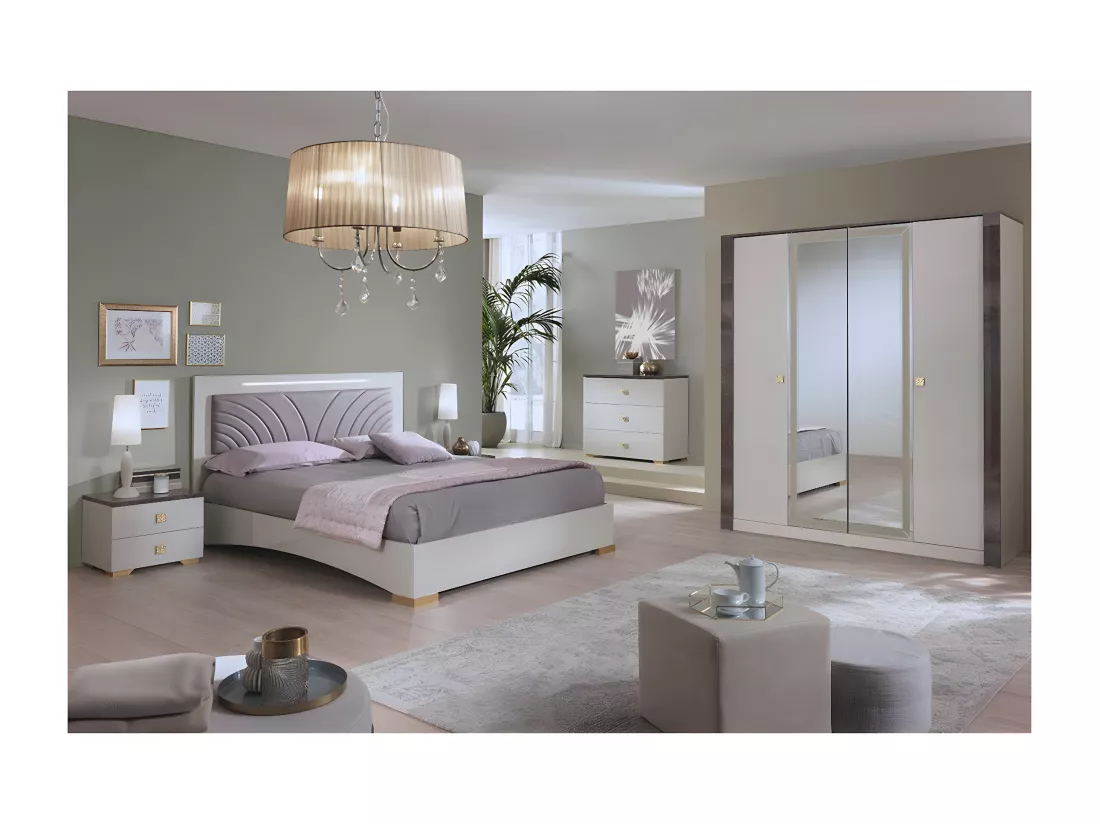 PANACA - Chambre Complète 160x200cm Crème et Bronze + Leds